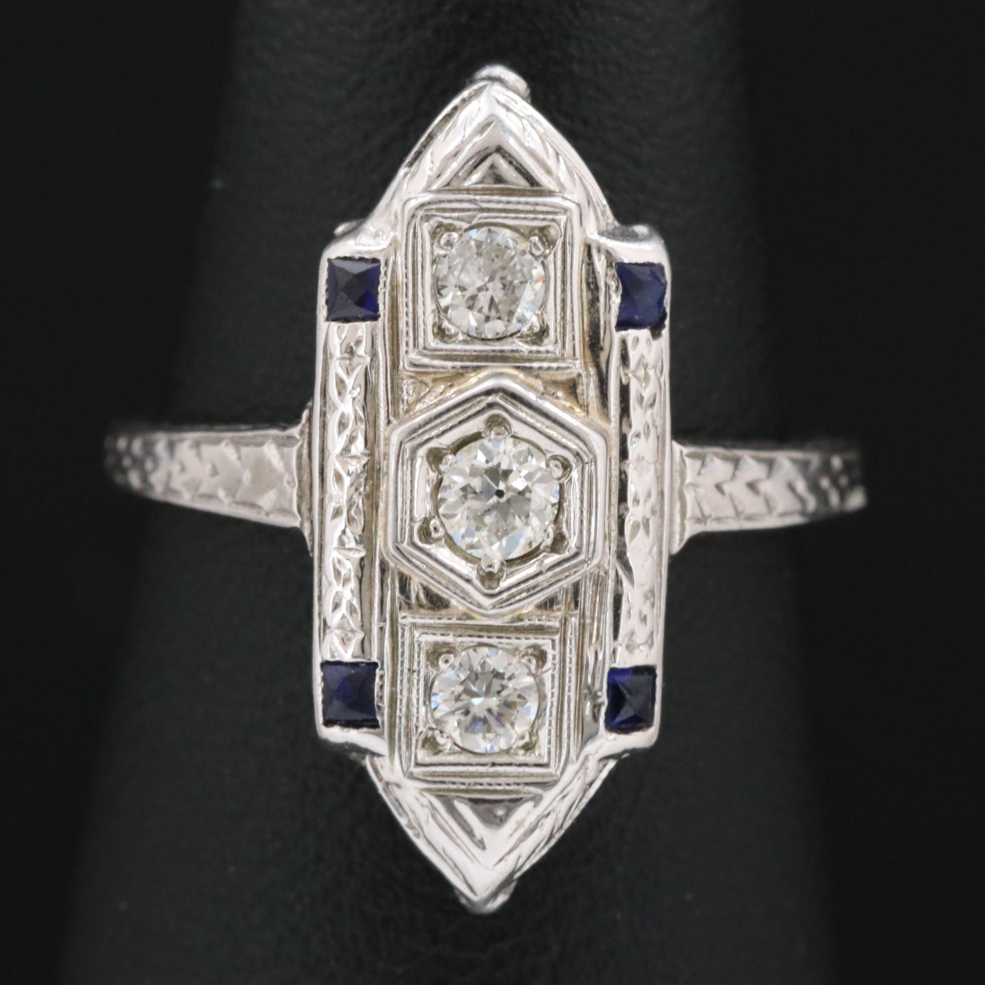 Art Deco 18K Diamond and Sapphire Engraved Piercework Ring
