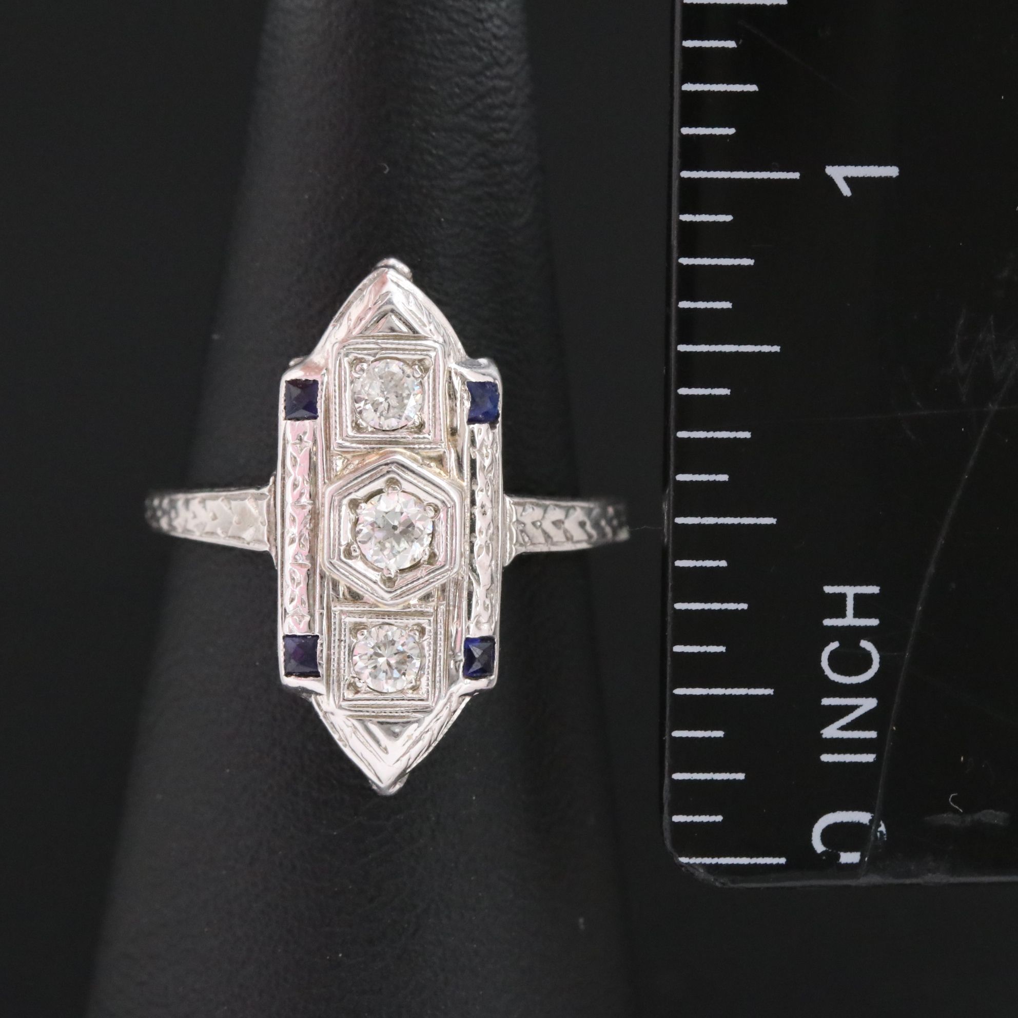 Art Deco 18K Diamond and Sapphire Engraved Piercework Ring