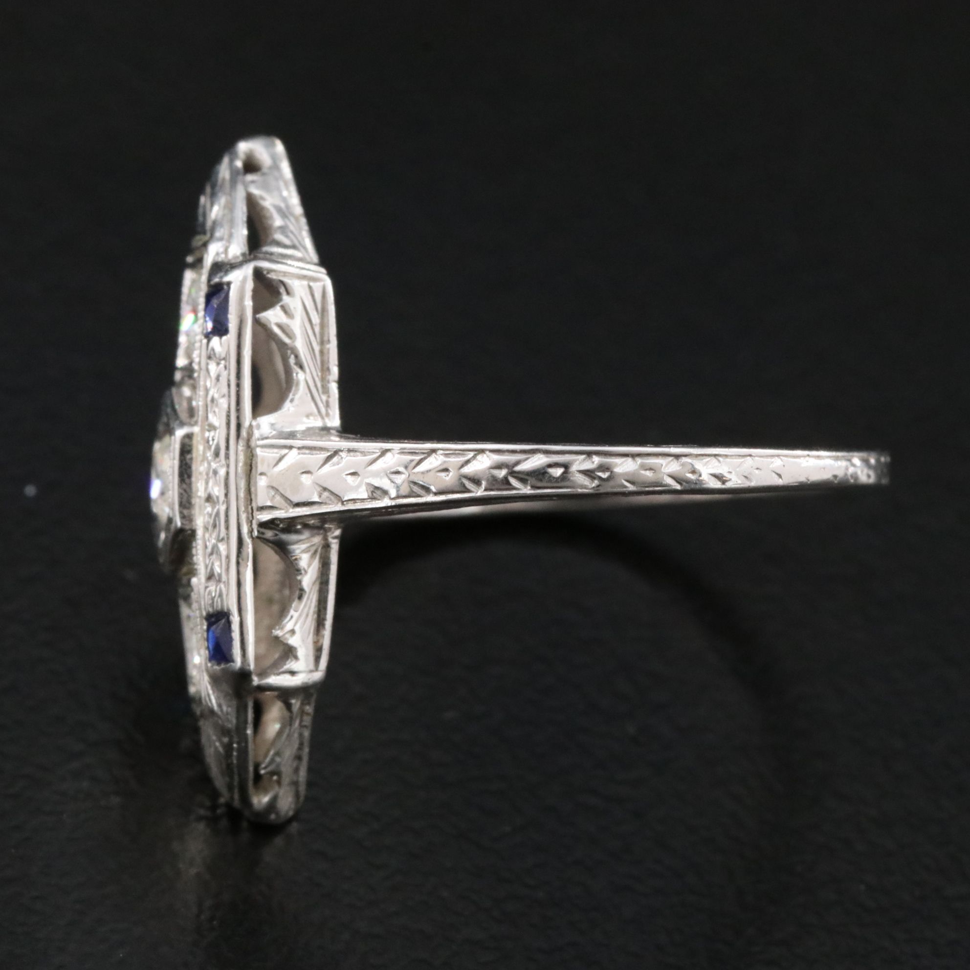 Art Deco 18K Diamond and Sapphire Engraved Piercework Ring