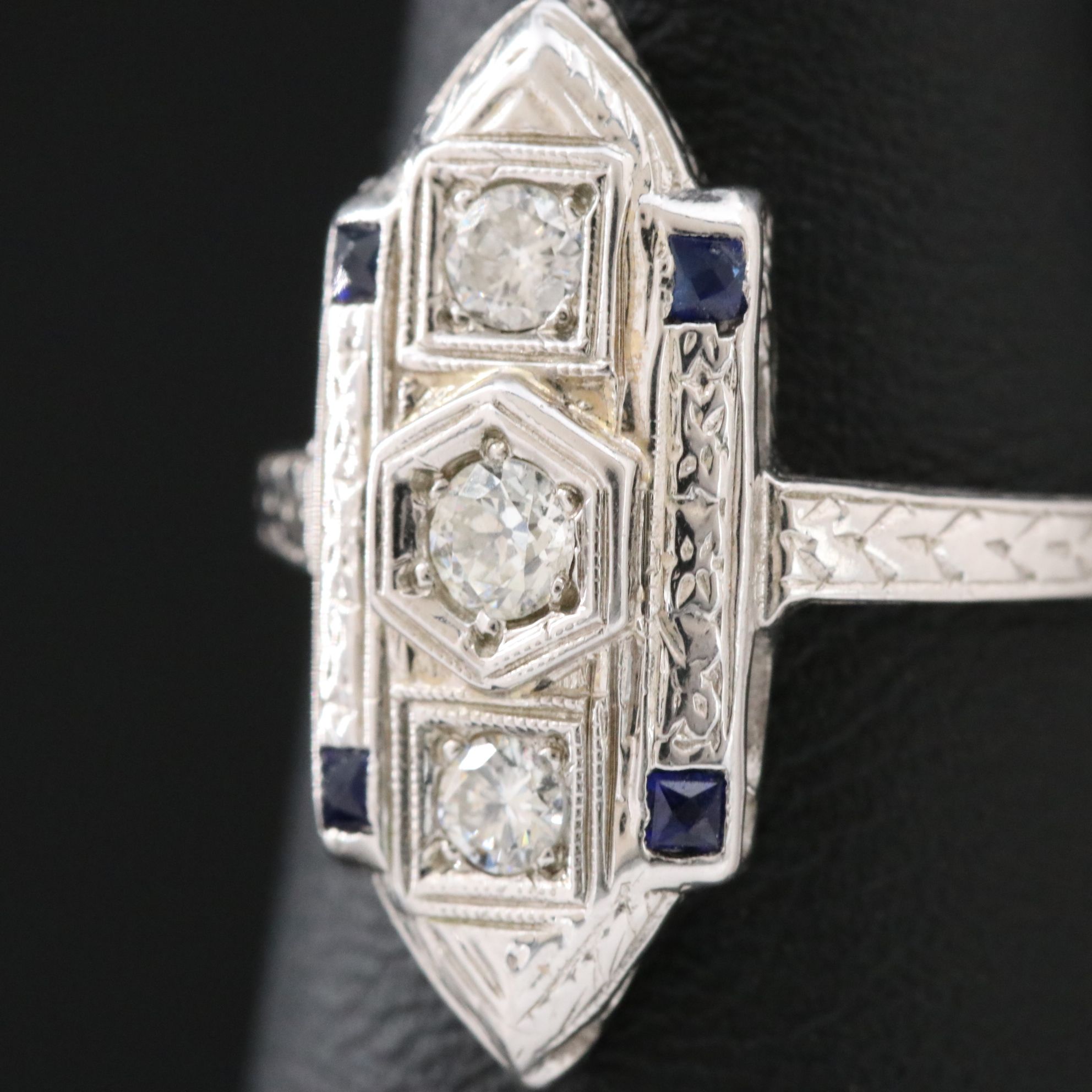 Art Deco 18K Diamond and Sapphire Engraved Piercework Ring