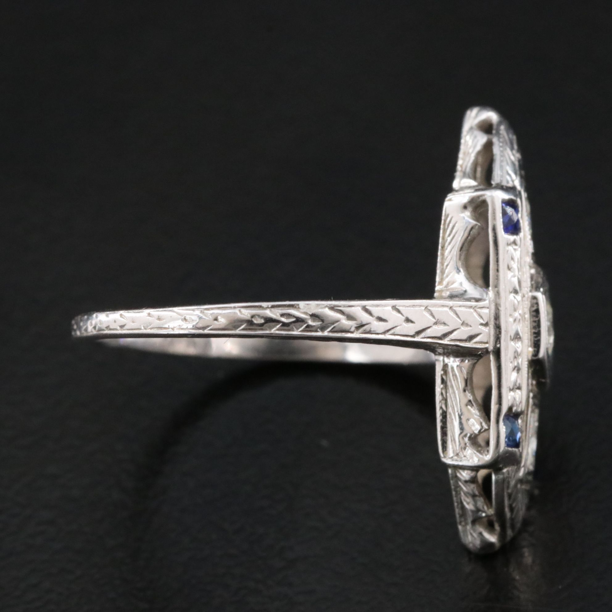 Art Deco 18K Diamond and Sapphire Engraved Piercework Ring