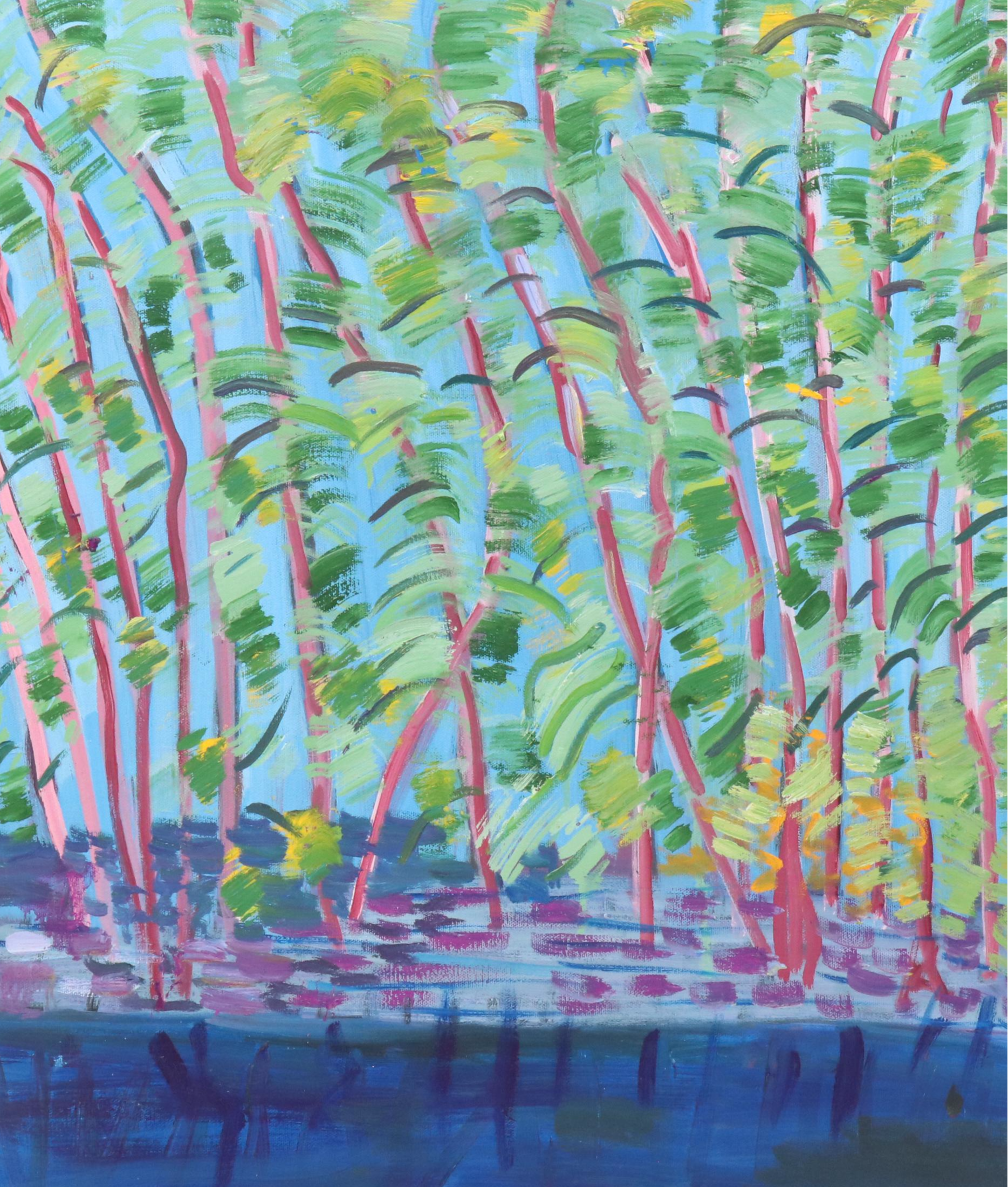 Janice Guttman Stylized Landscape Acrylic Painting, Late 20th Century