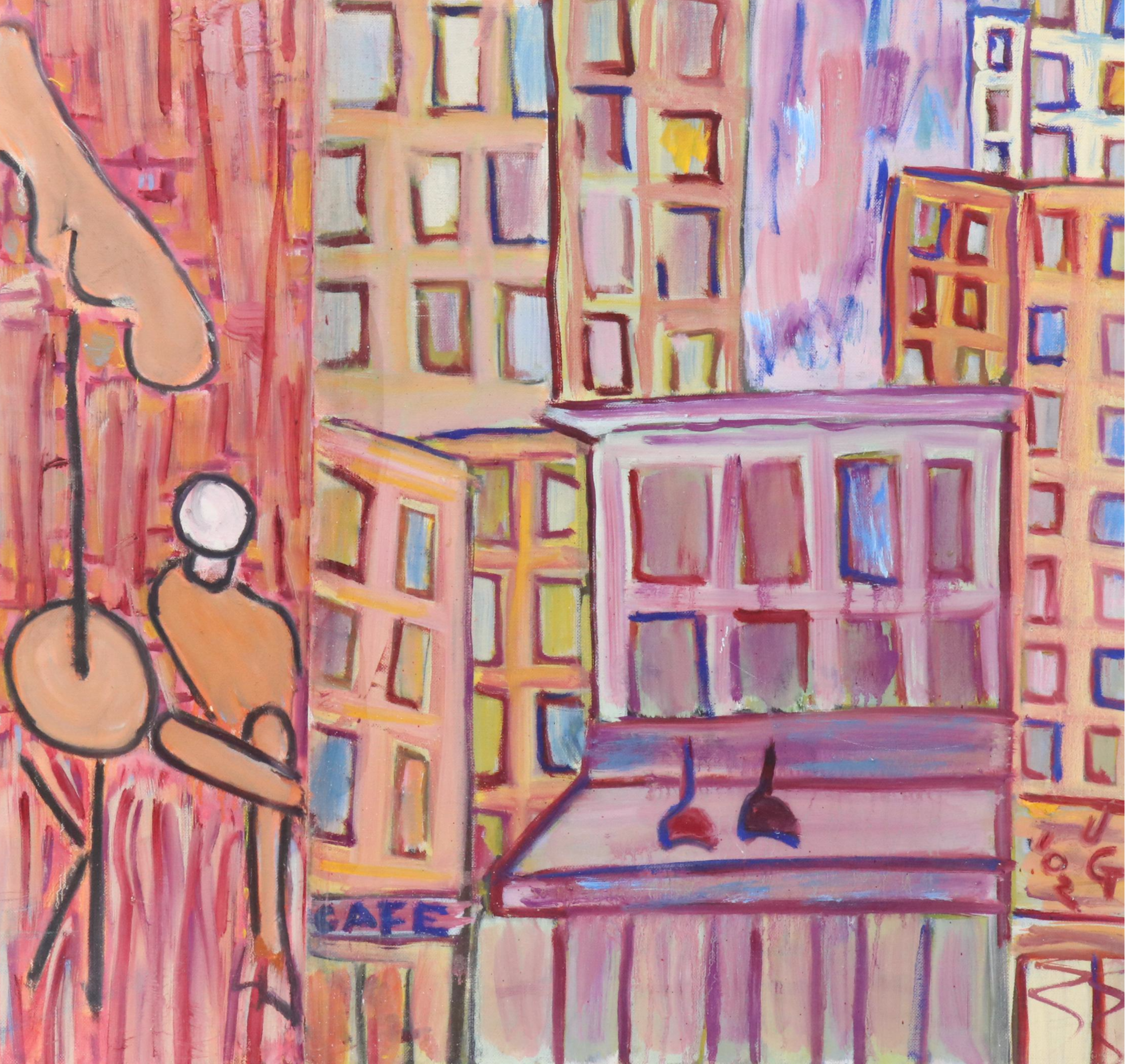 Janice Guttman Modernist Cityscape Acrylic Painting, 2002