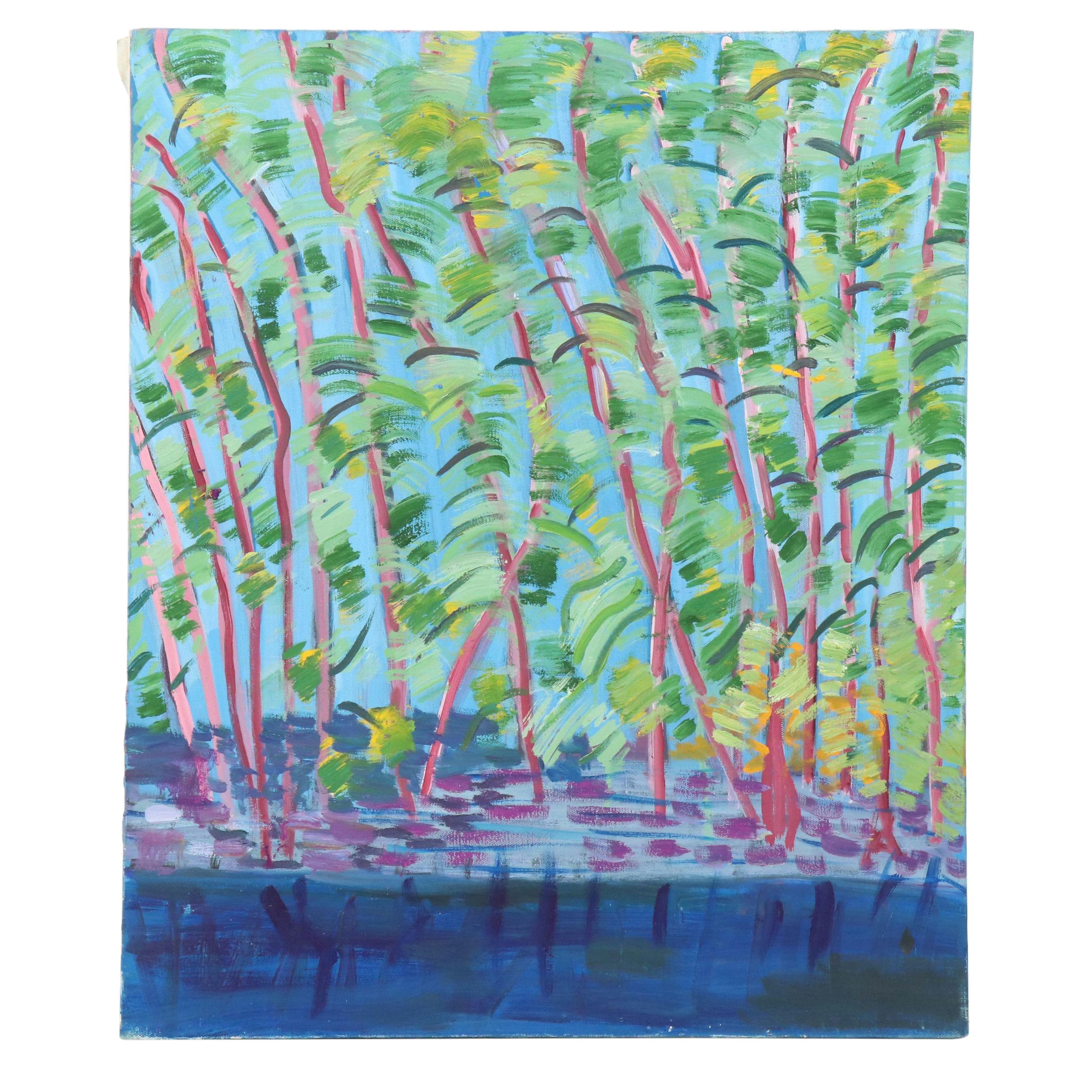 Janice Guttman Stylized Landscape Acrylic Painting, Late 20th Century