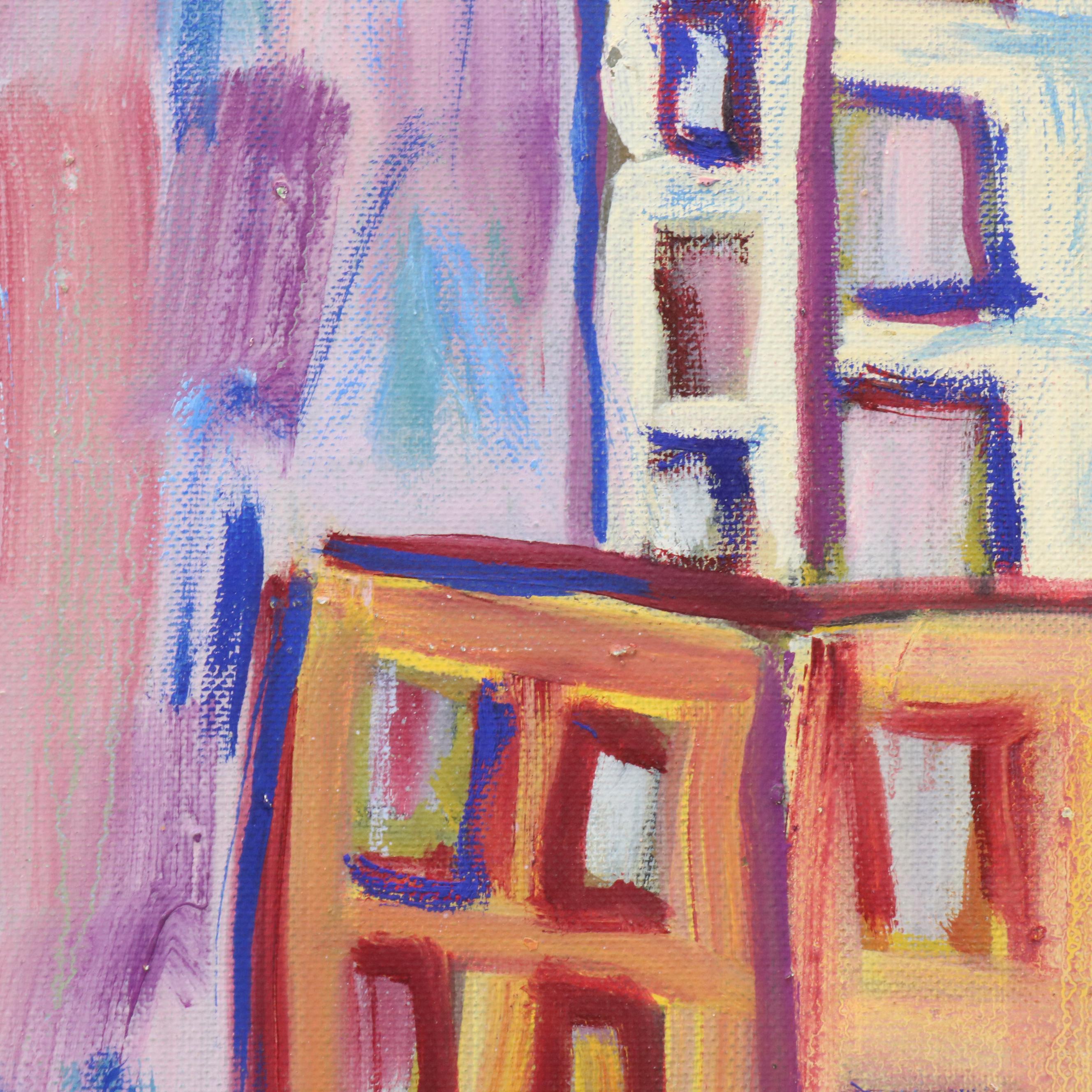 Janice Guttman Modernist Cityscape Acrylic Painting, 2002