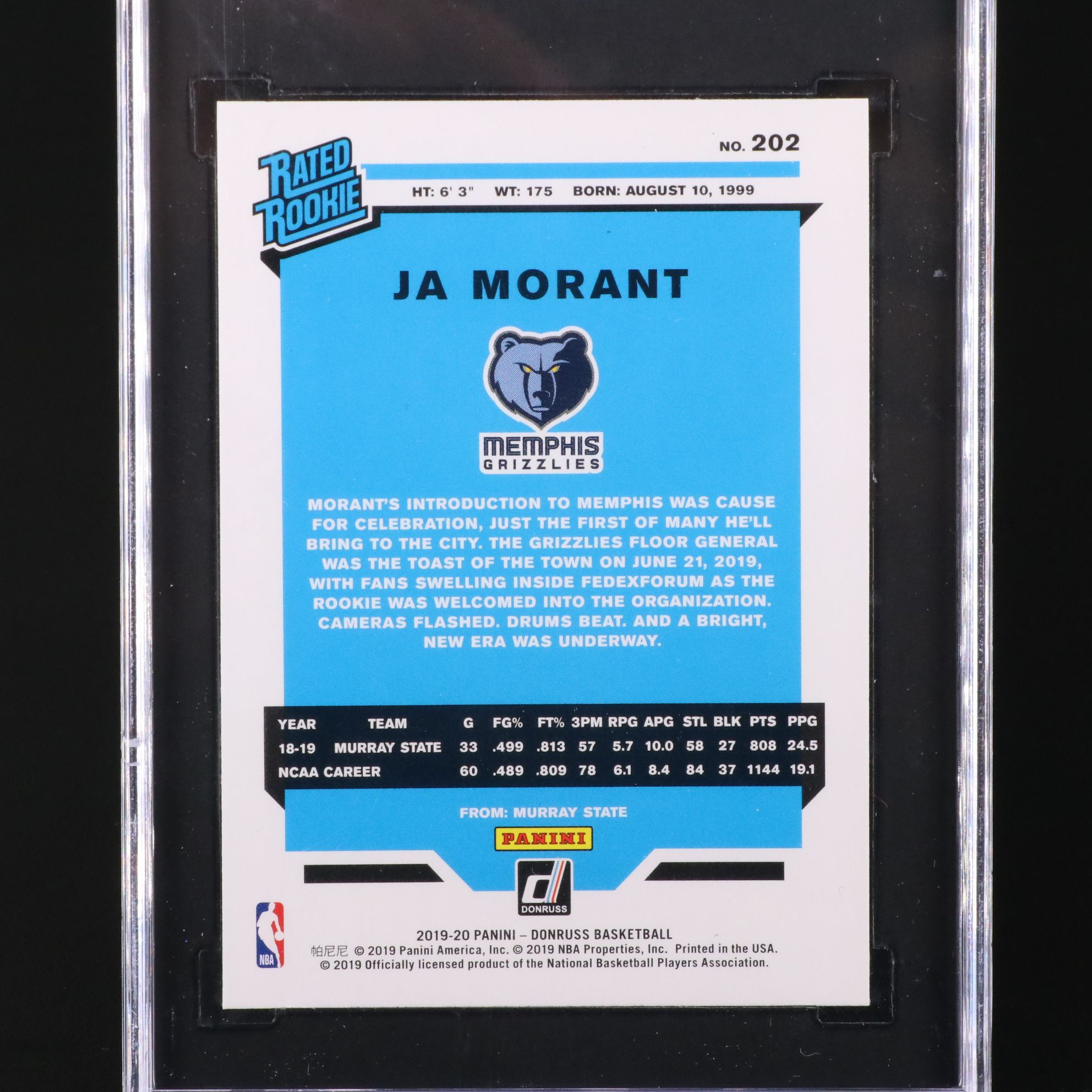 2019-20 Donruss Ja Morant Rated Rookie Basketball Card Graded SGC 10