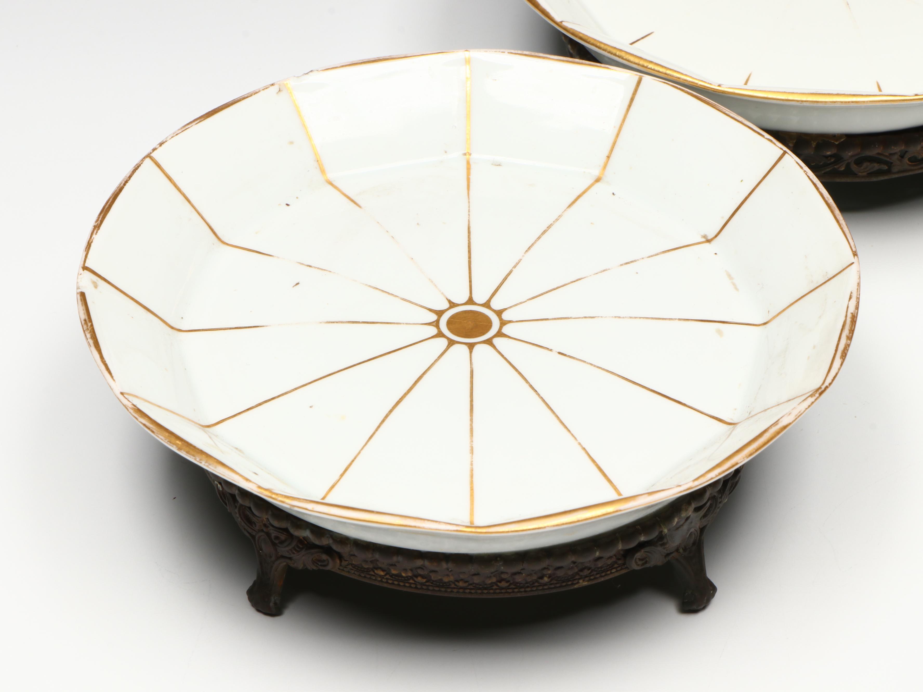Meissen Gold Gilt Porcelain Decorative Plates on Metal Base
