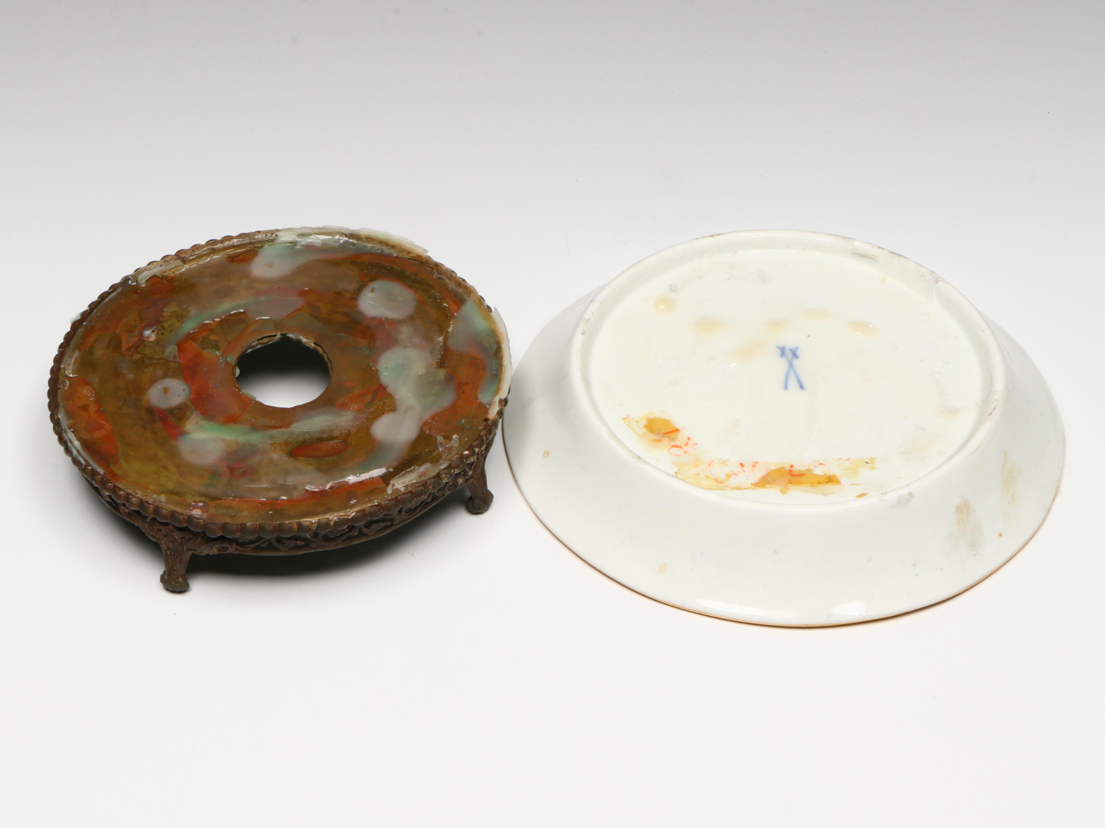 Meissen Gold Gilt Porcelain Decorative Plates on Metal Base