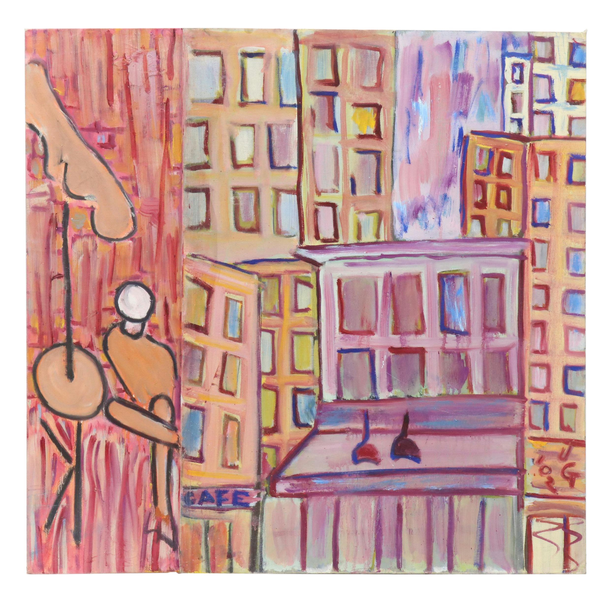 Janice Guttman Modernist Cityscape Acrylic Painting, 2002