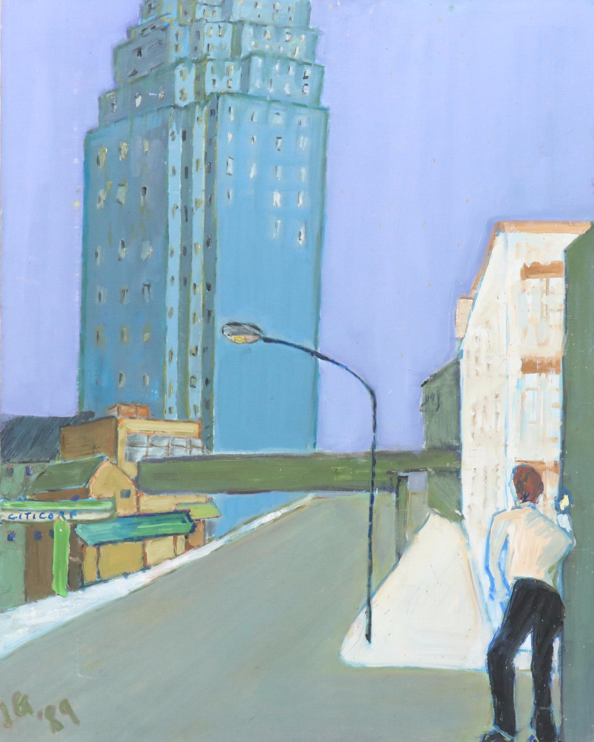 Janice Guttman Modernist Cityscape Acrylic Painting "Long Island City," 1989