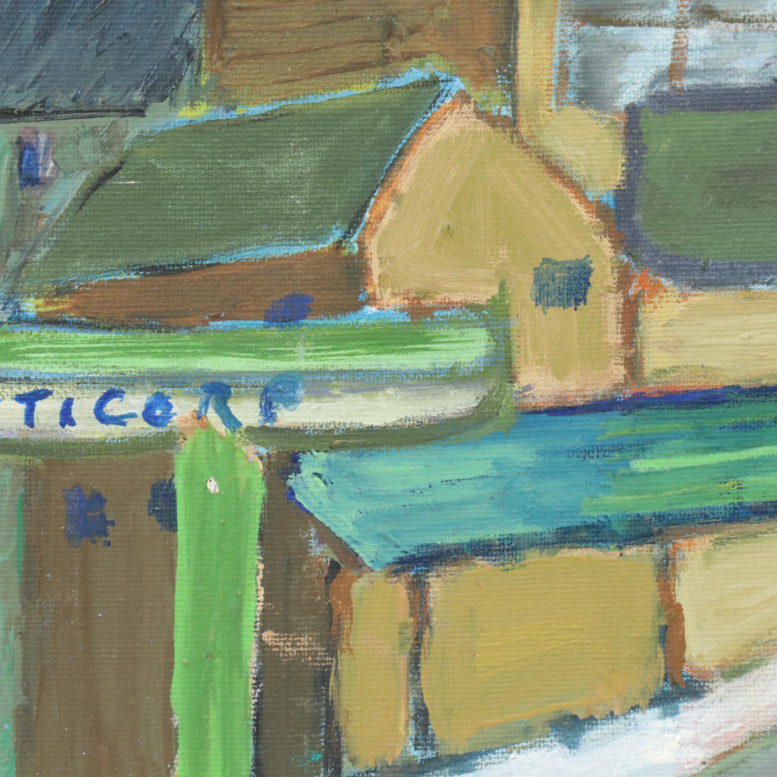 Janice Guttman Modernist Cityscape Acrylic Painting "Long Island City," 1989