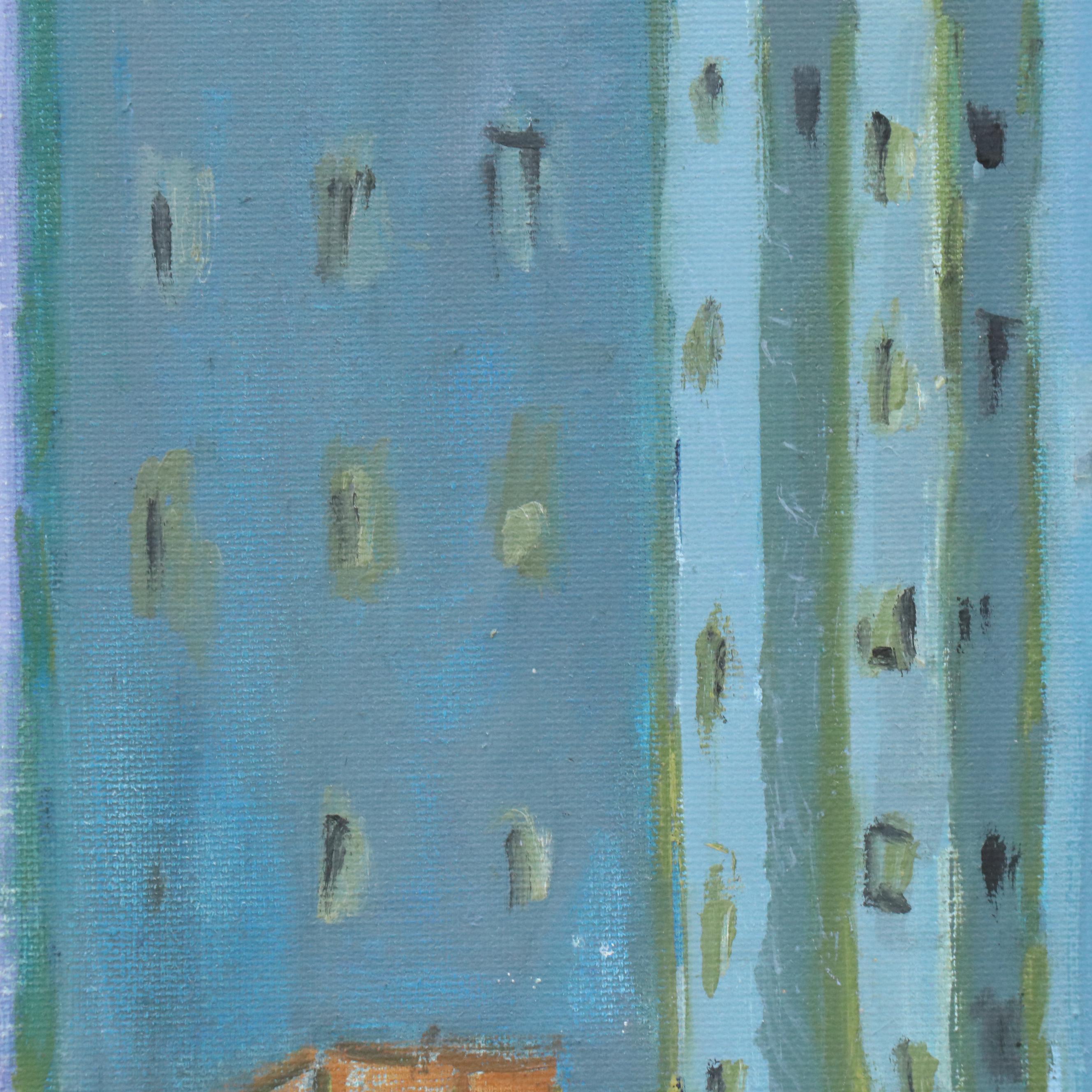 Janice Guttman Modernist Cityscape Acrylic Painting "Long Island City," 1989