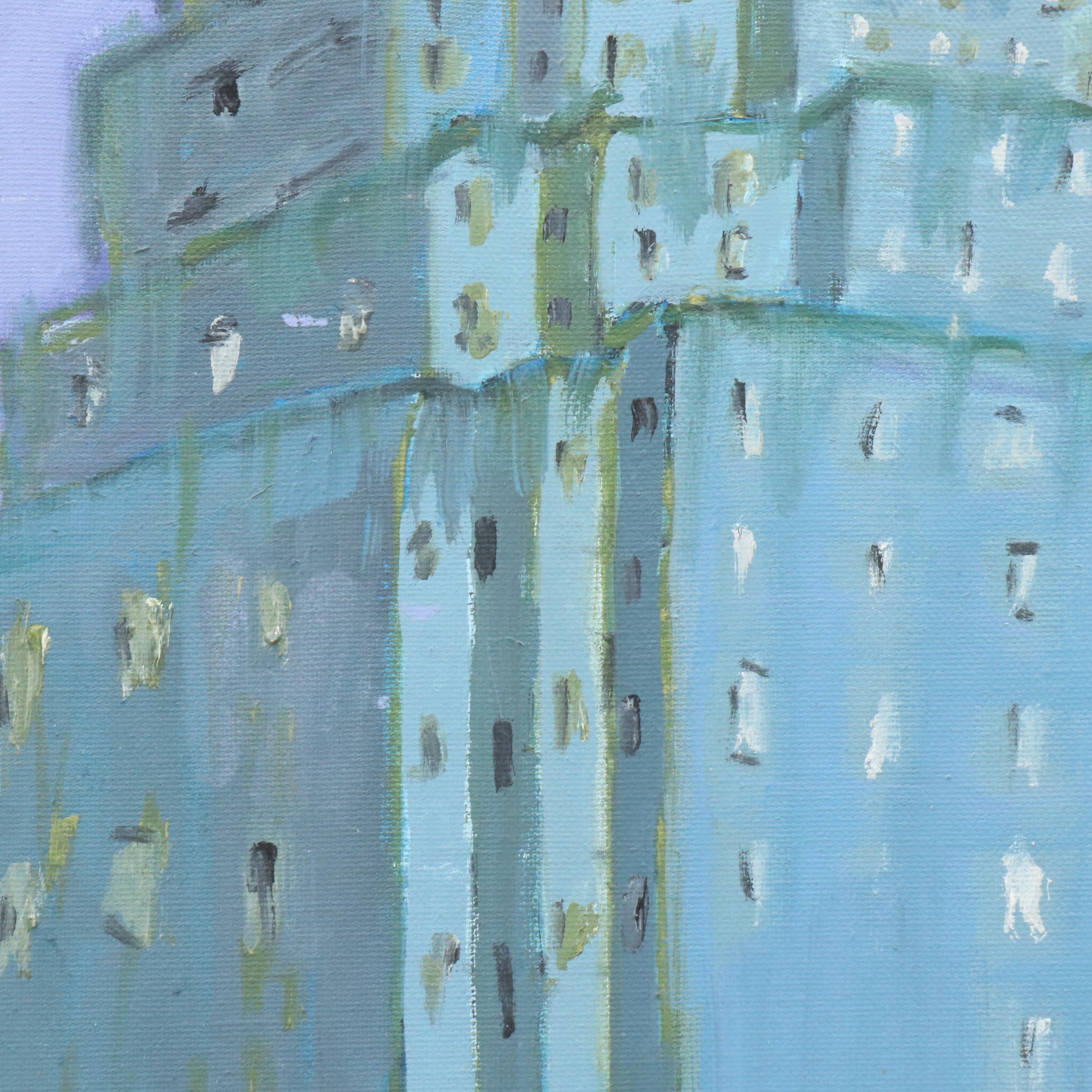 Janice Guttman Modernist Cityscape Acrylic Painting "Long Island City," 1989