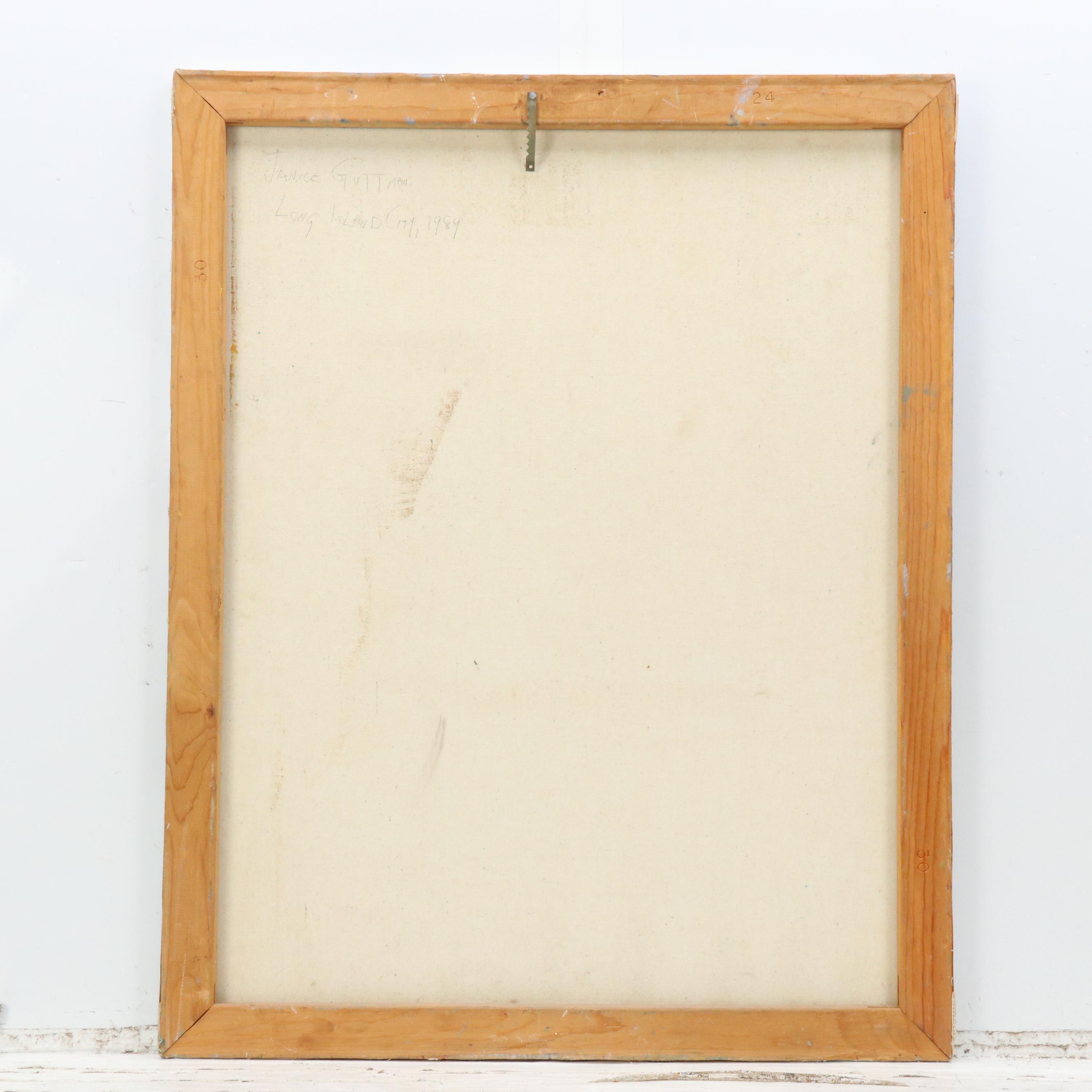 Janice Guttman Modernist Cityscape Acrylic Painting "Long Island City," 1989