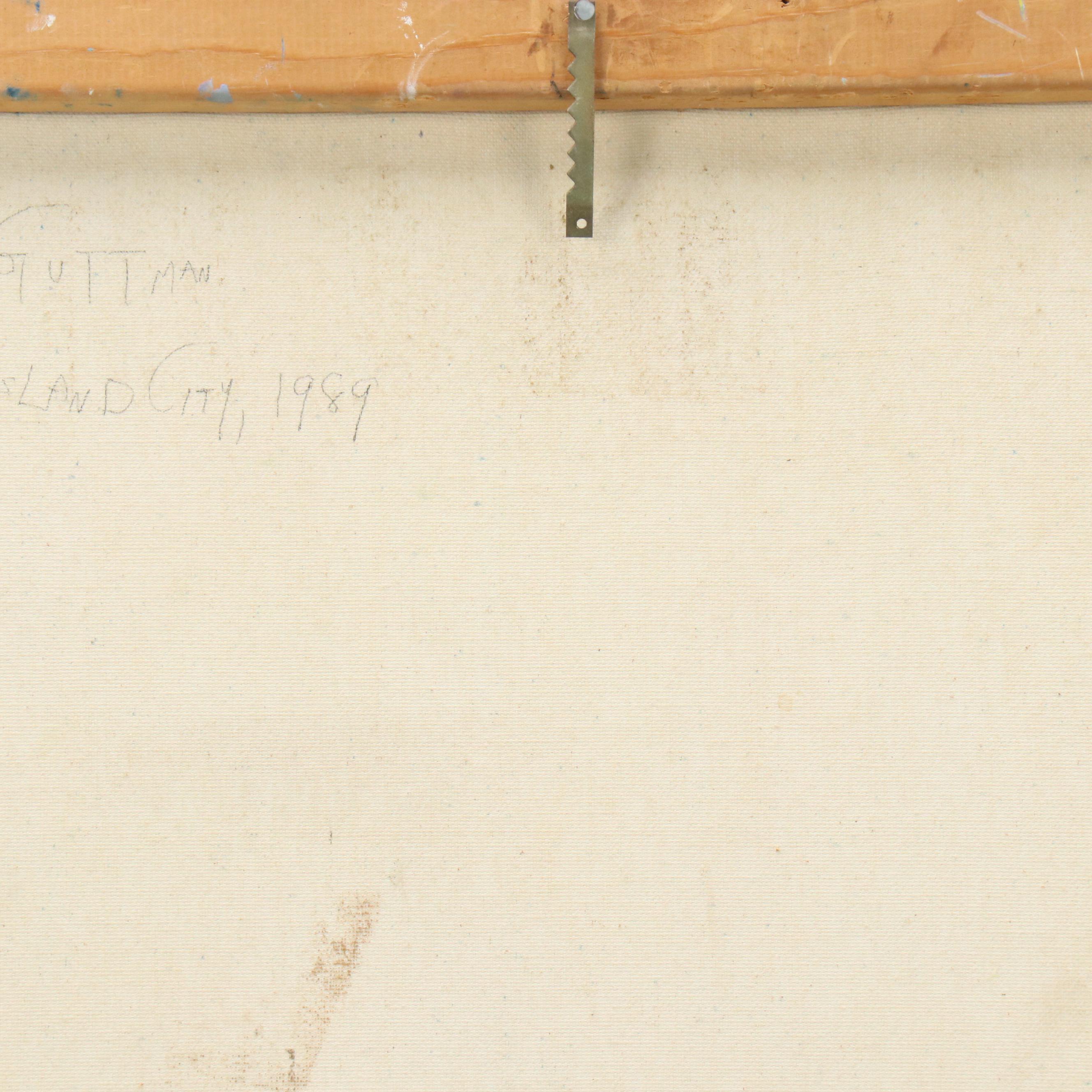 Janice Guttman Modernist Cityscape Acrylic Painting "Long Island City," 1989