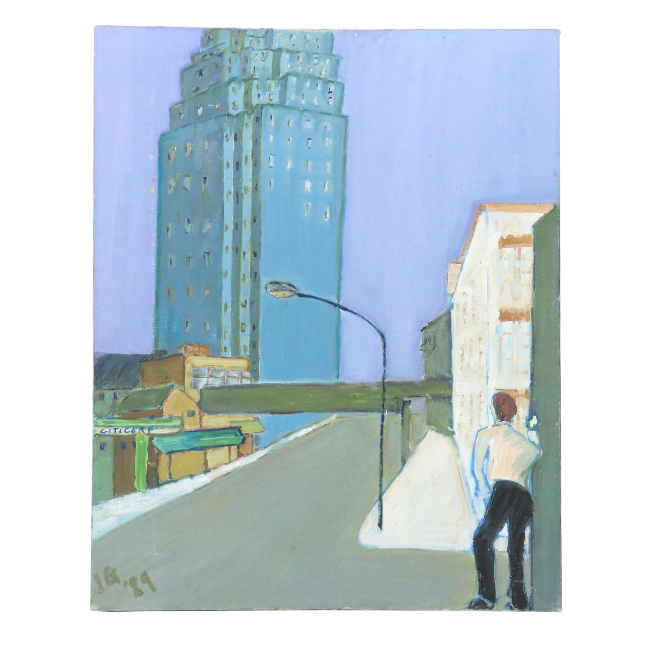 Janice Guttman Modernist Cityscape Acrylic Painting "Long Island City," 1989