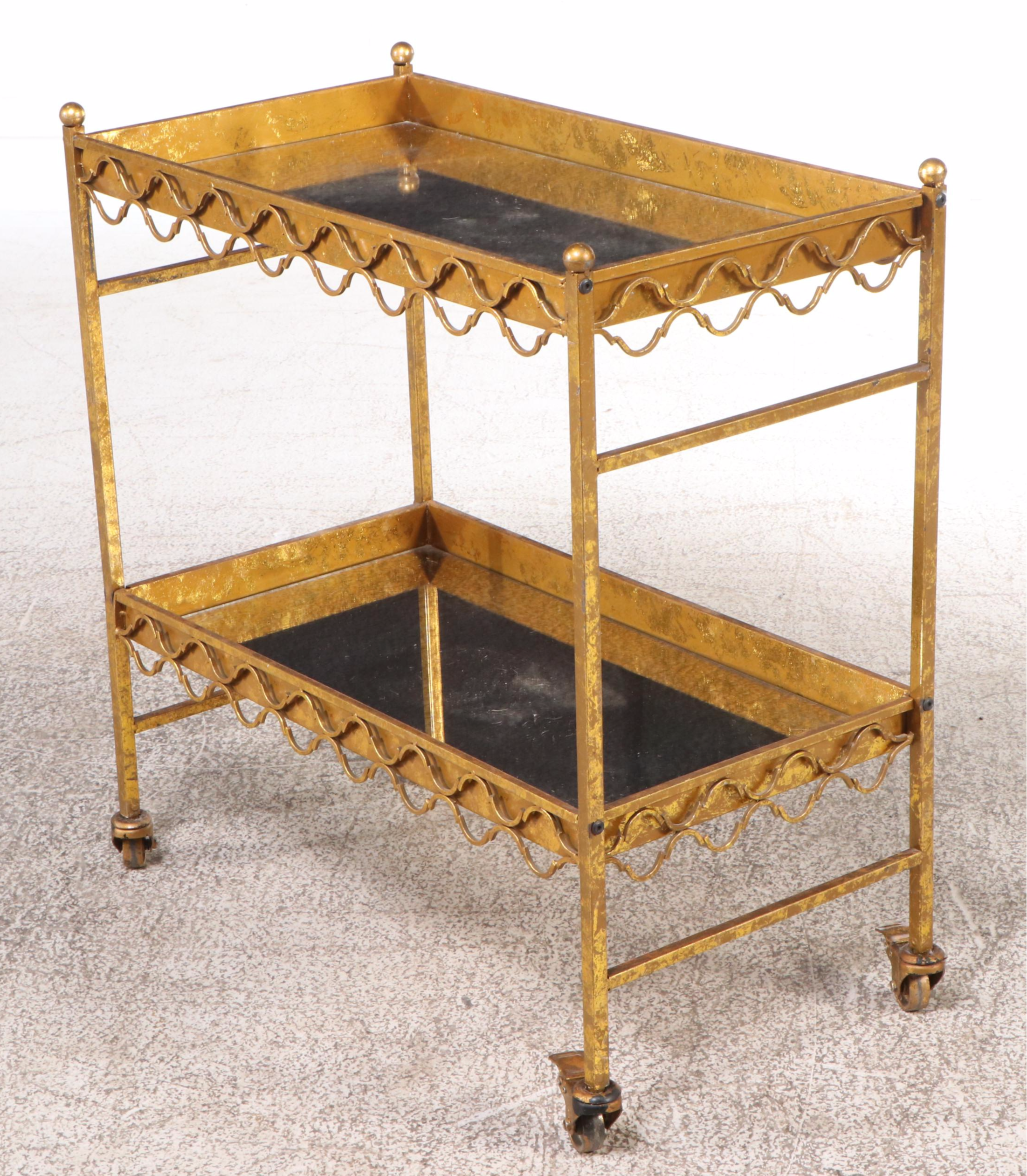 Italian Regency Style Metal Quatrefoil Mirrored Rolling Bar Car