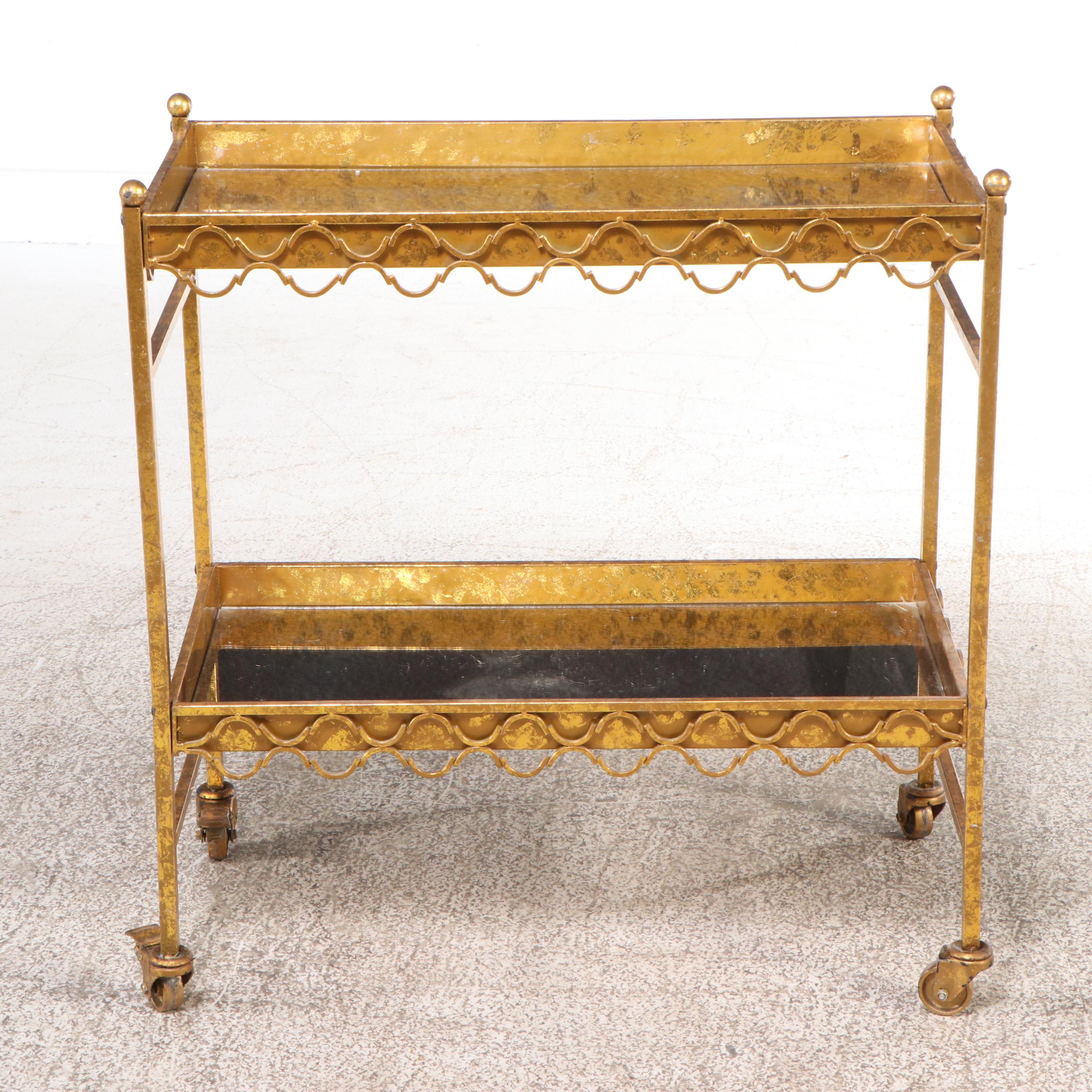 Italian Regency Style Metal Quatrefoil Mirrored Rolling Bar Car