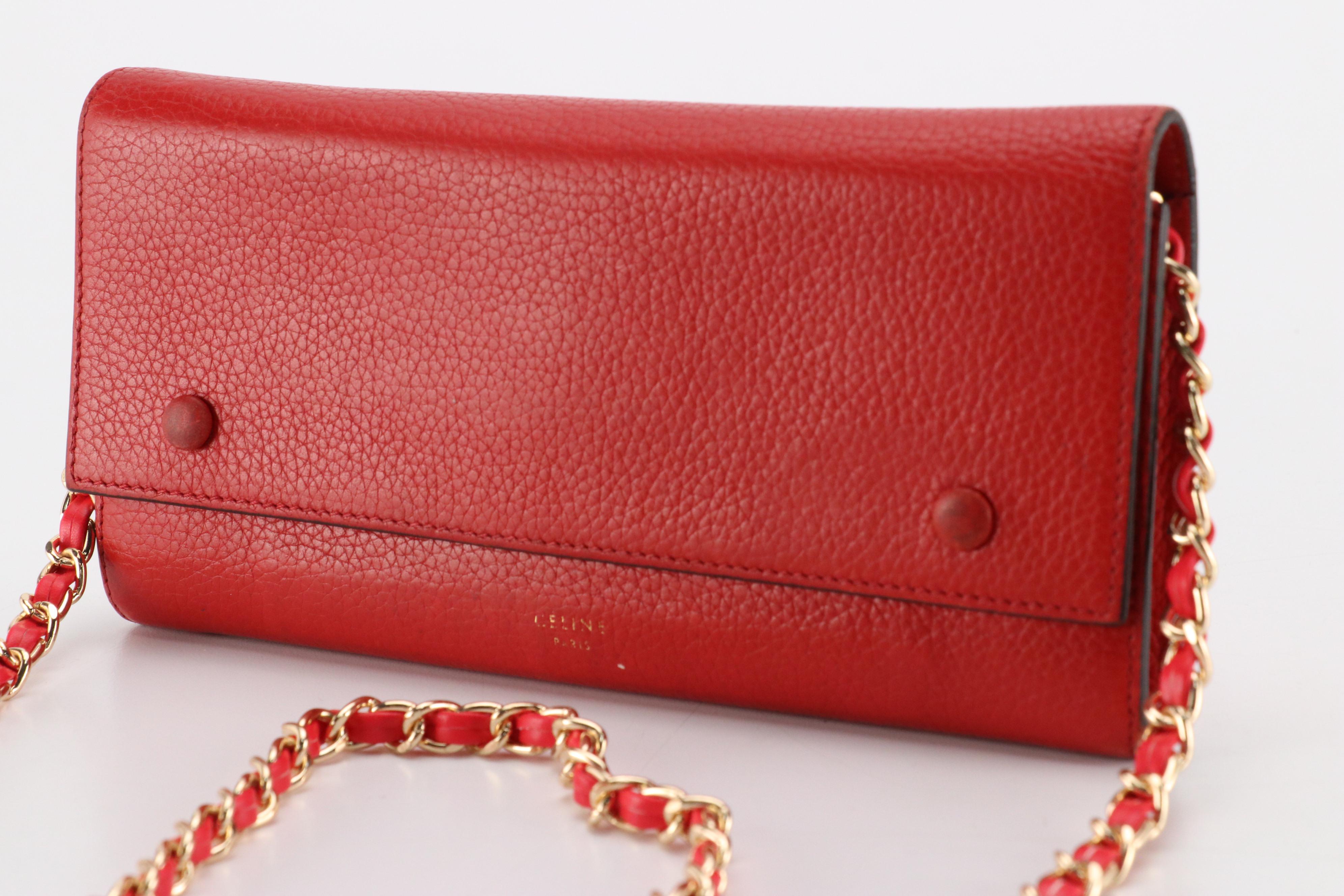 Céline Wallet-on Chain in Red Calfskin Grain Leather