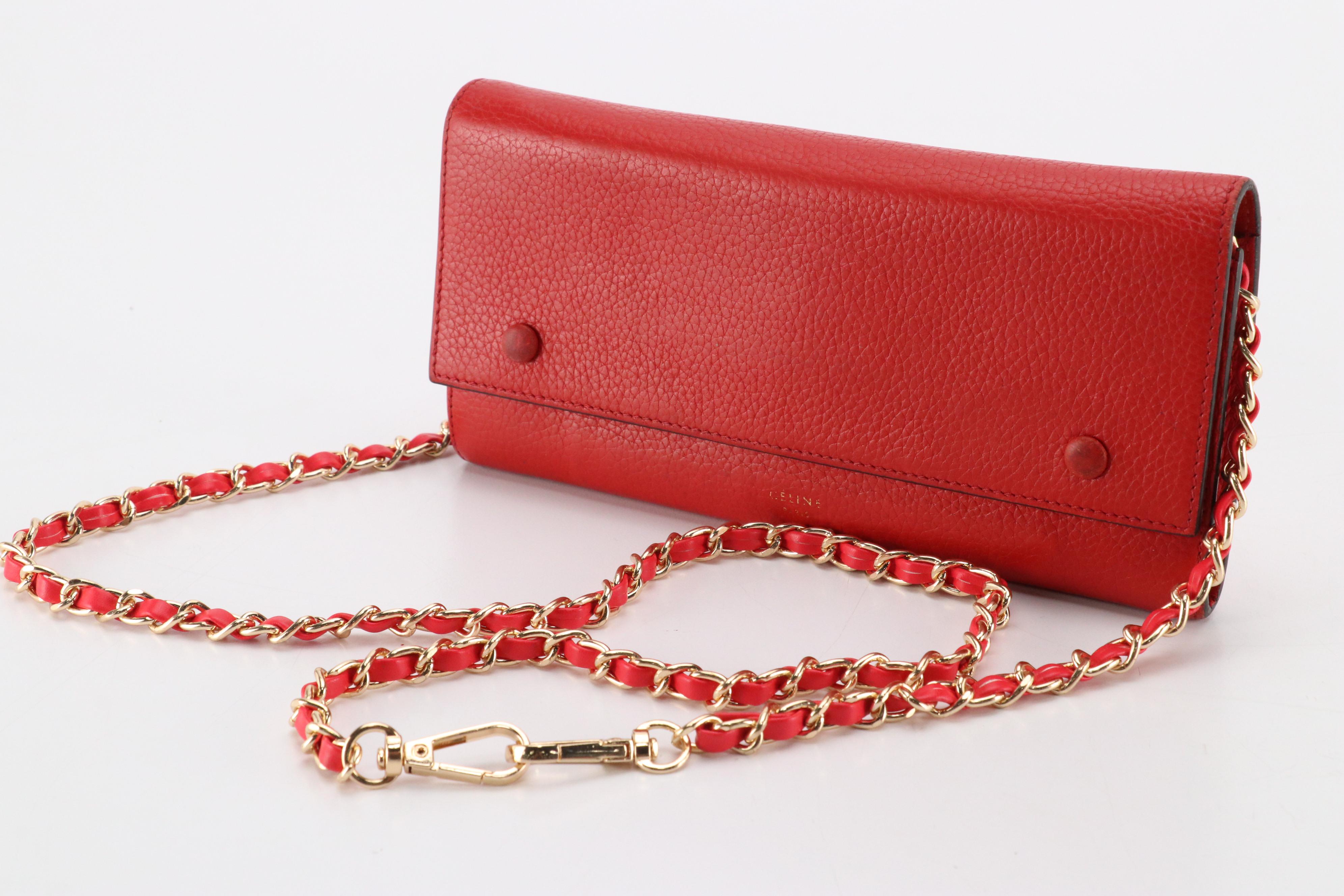 Céline Wallet-on Chain in Red Calfskin Grain Leather