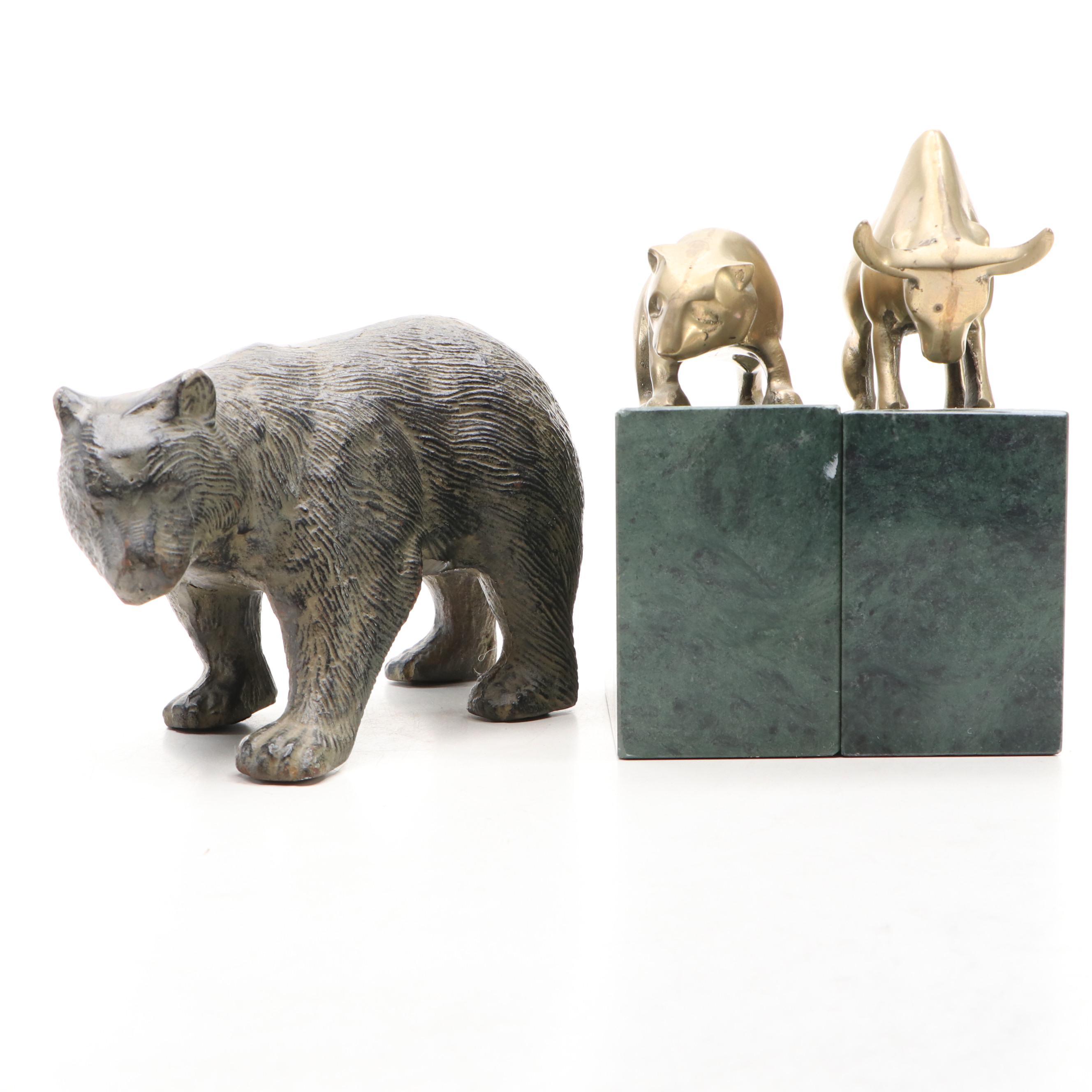 Bear and Bull Brass and Green Marble Bookends with Stone Bear Figurine