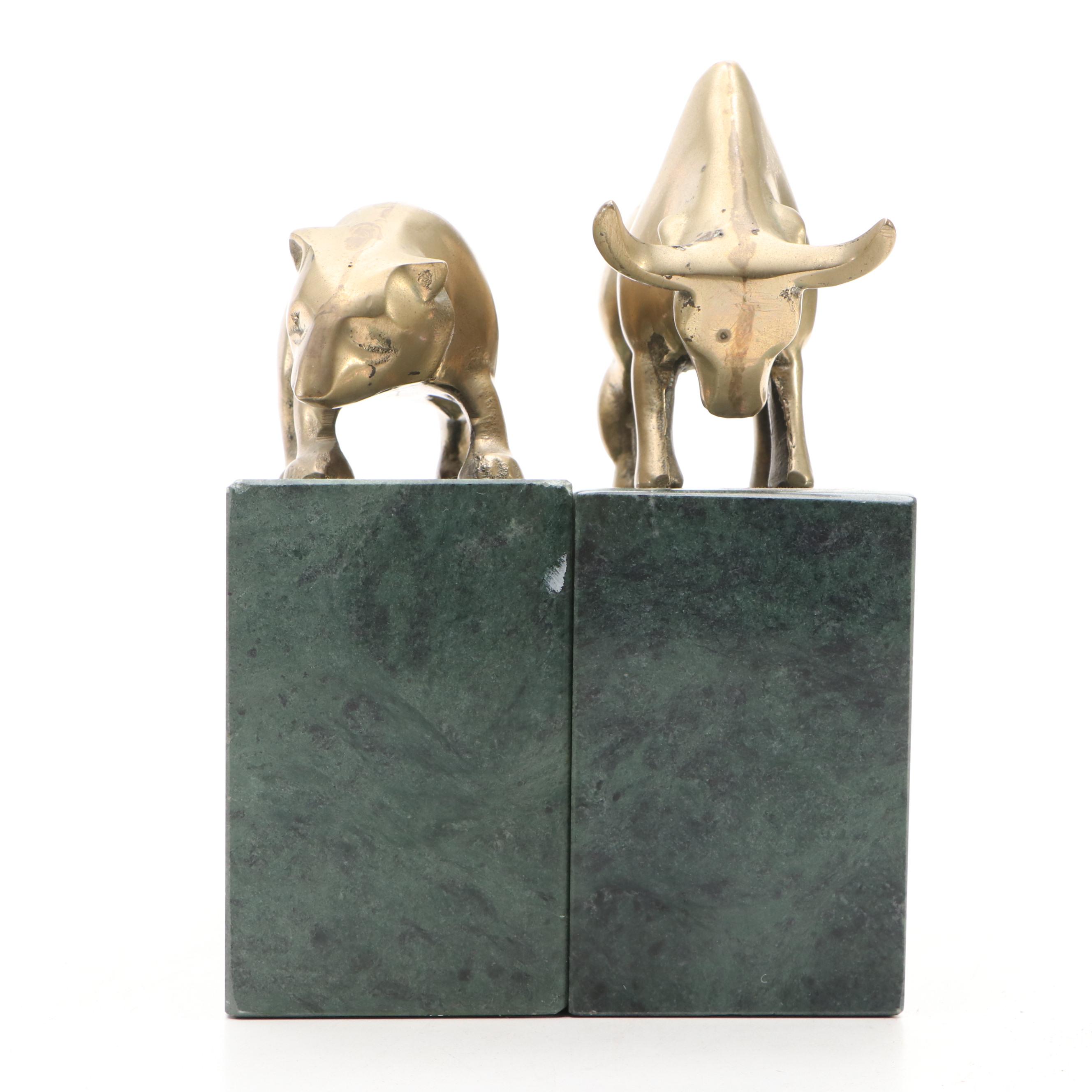 Bear and Bull Brass and Green Marble Bookends with Stone Bear Figurine