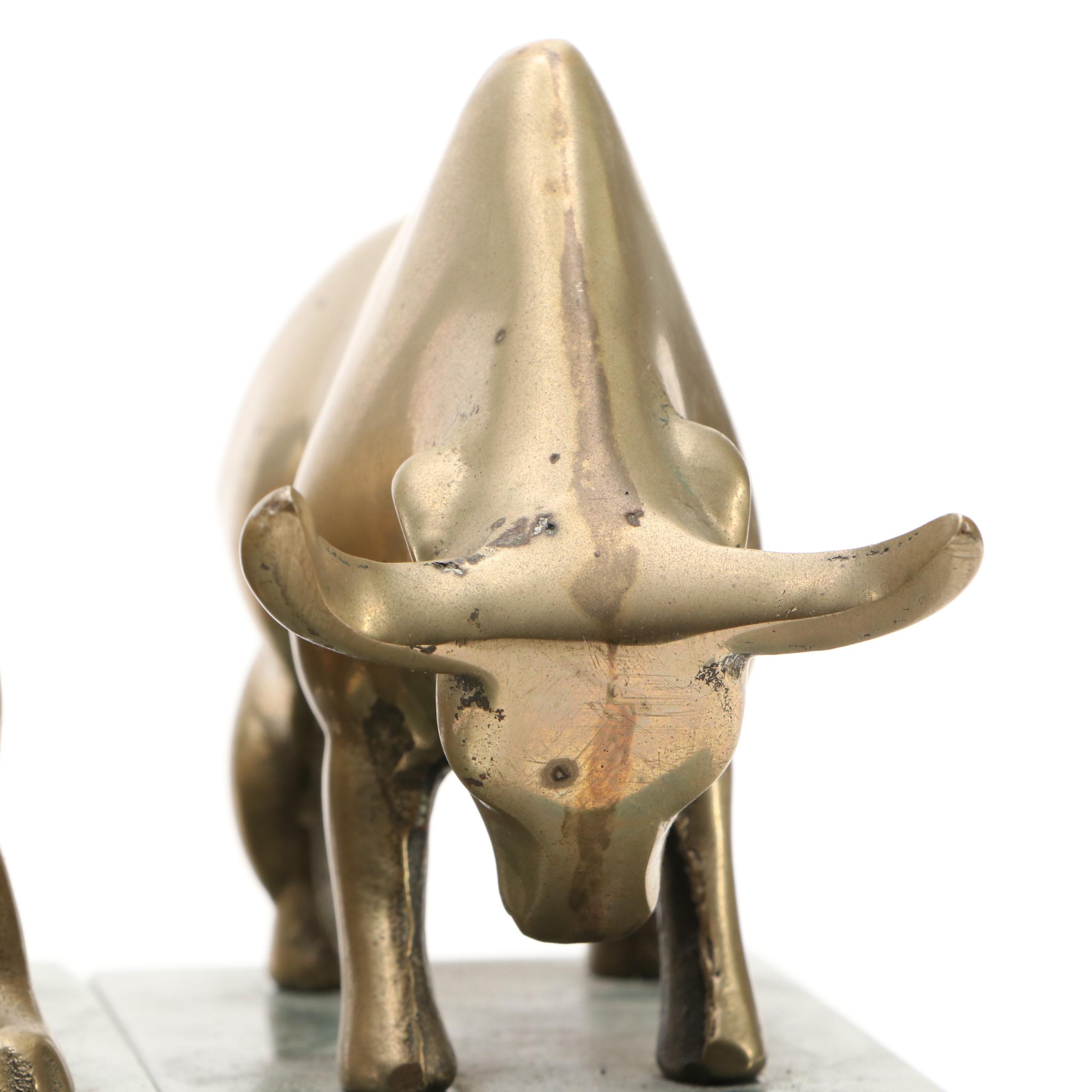 Bear and Bull Brass and Green Marble Bookends with Stone Bear Figurine