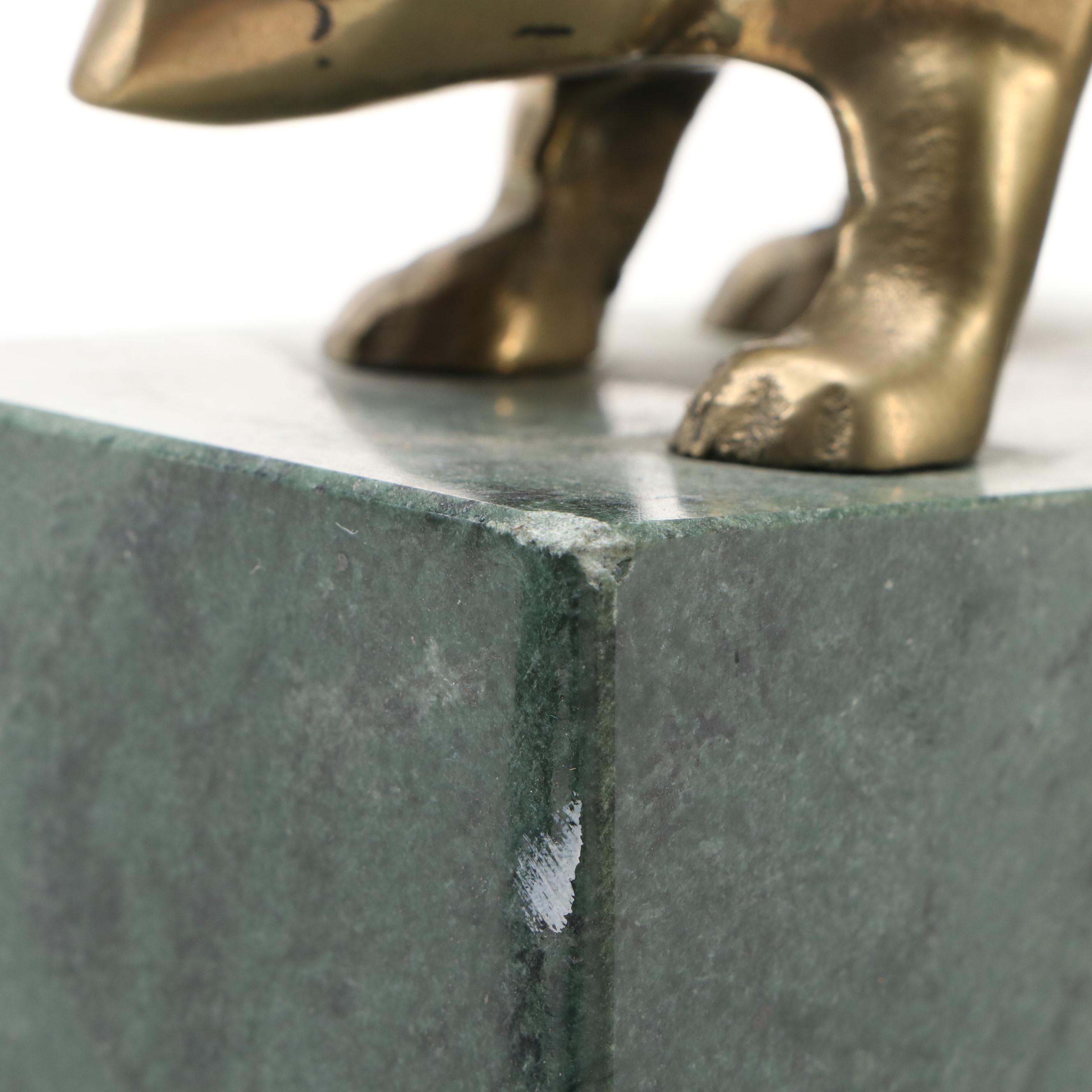 Bear and Bull Brass and Green Marble Bookends with Stone Bear Figurine