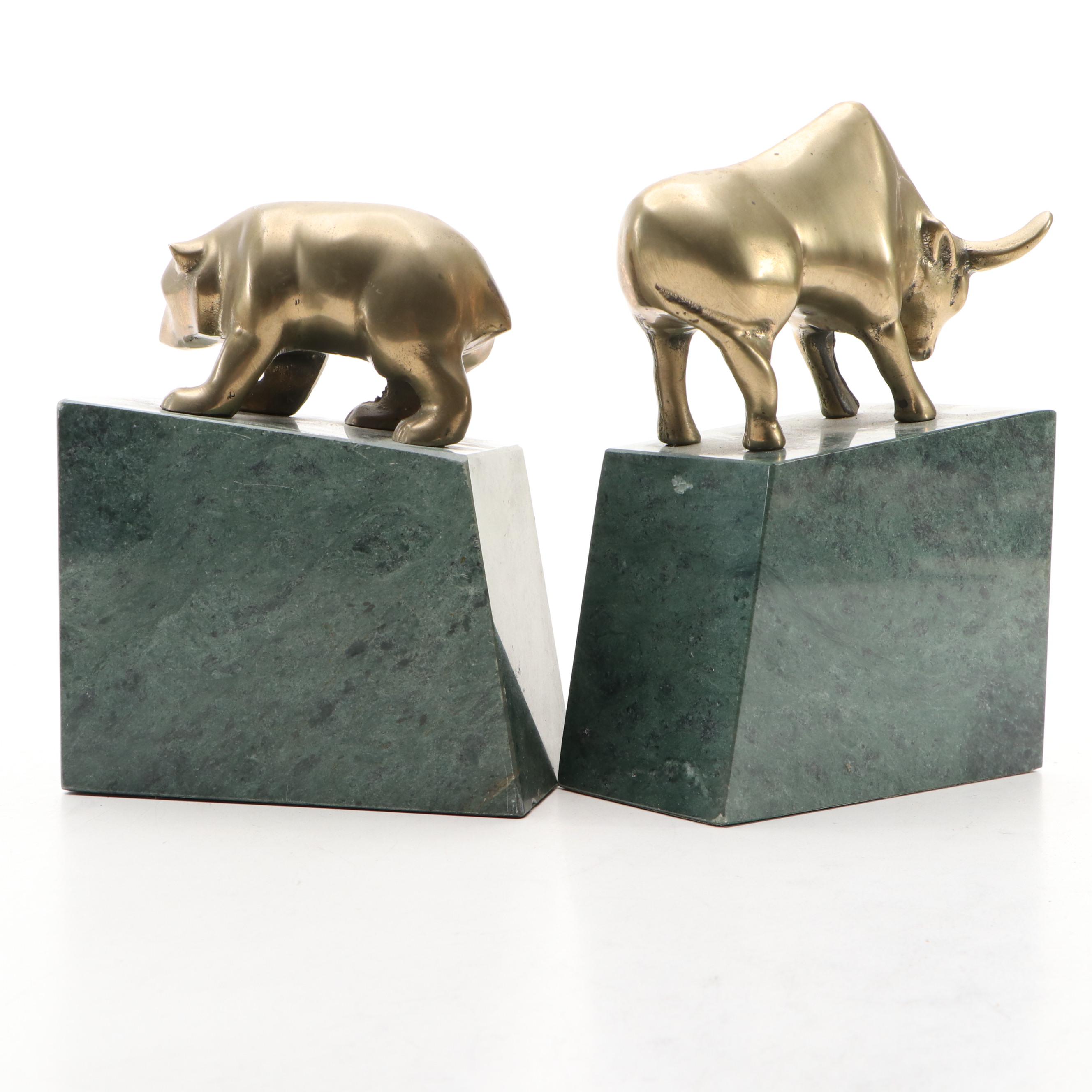 Bear and Bull Brass and Green Marble Bookends with Stone Bear Figurine