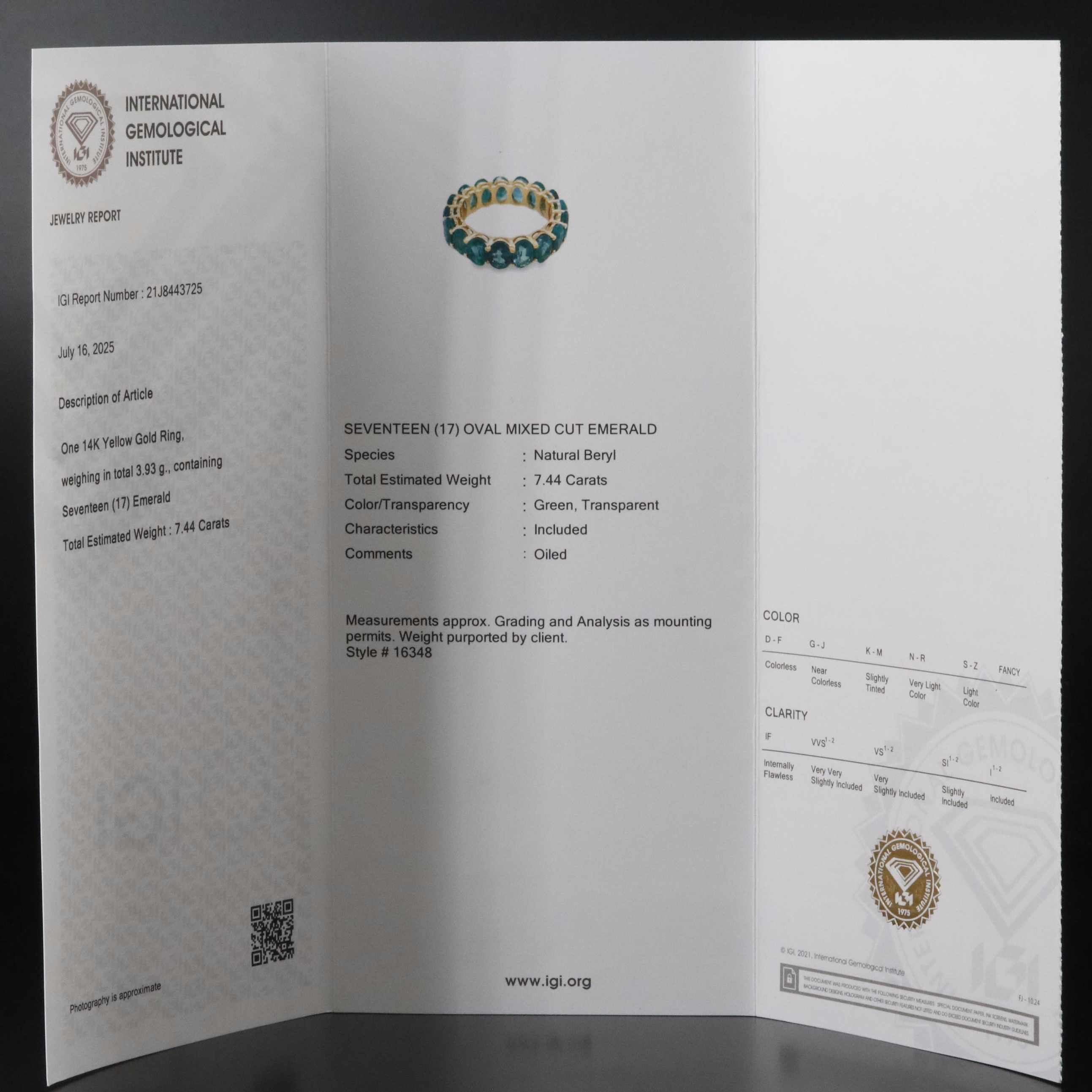 14K 7.44 CTW Emerald Eternity Band with IGI Report