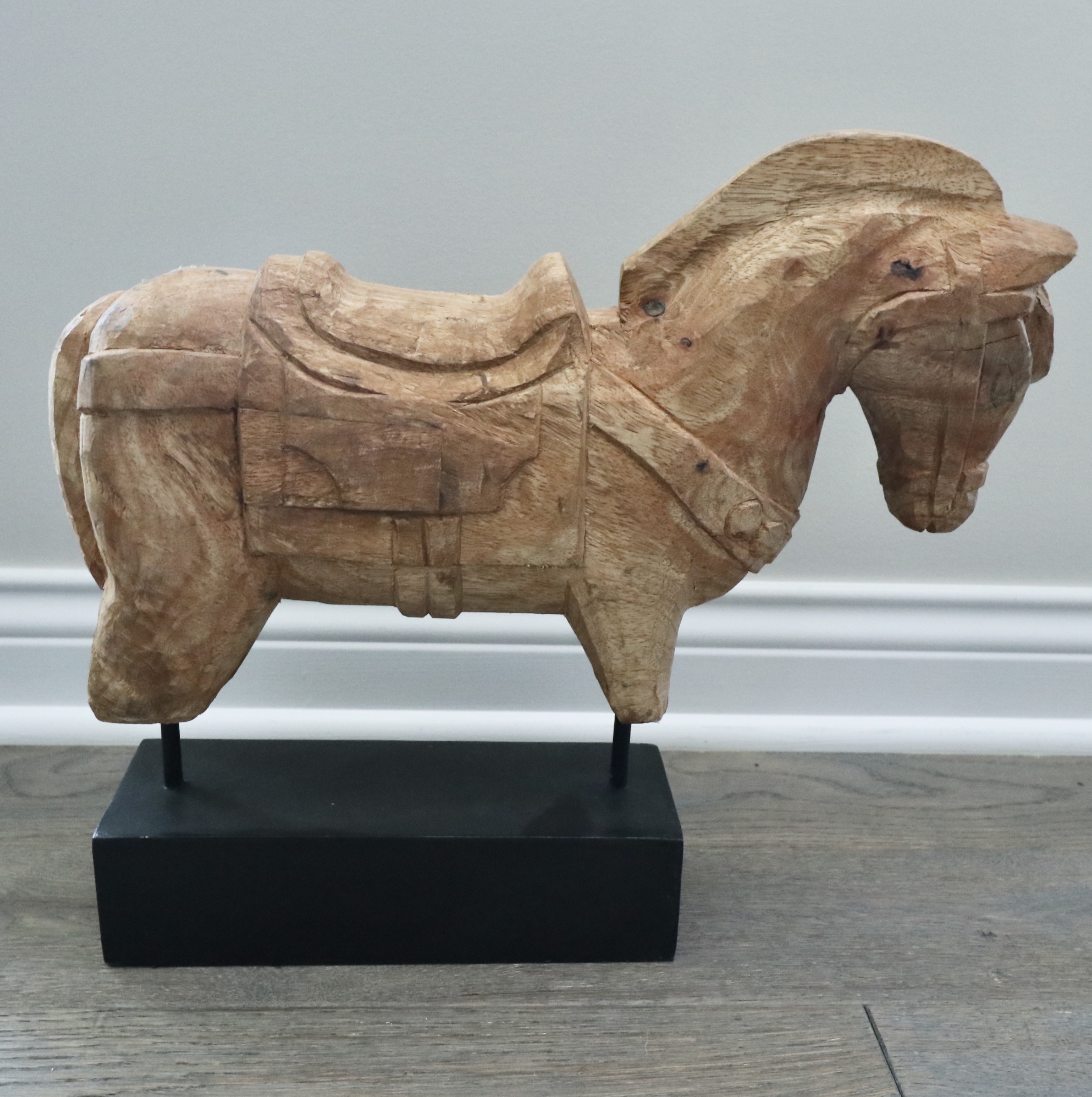 Trojan Wood Horse on Plinth, Faux Shagreen Trays and Boxes, and Accent Pillows