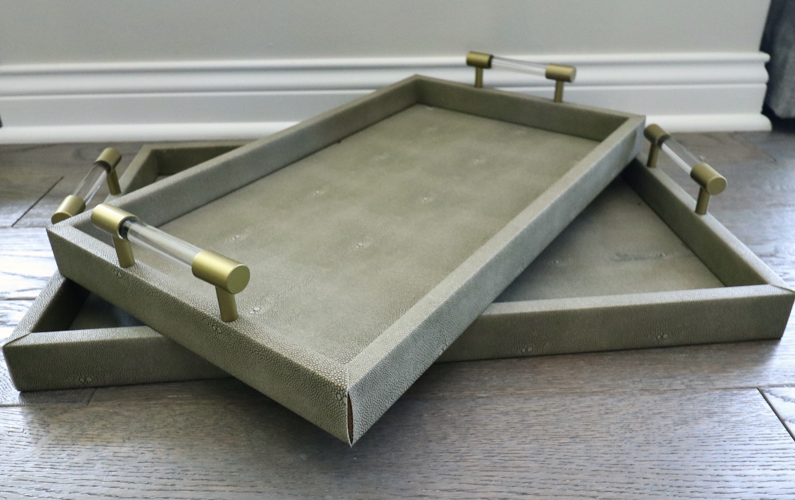 Trojan Wood Horse on Plinth, Faux Shagreen Trays and Boxes, and Accent Pillows