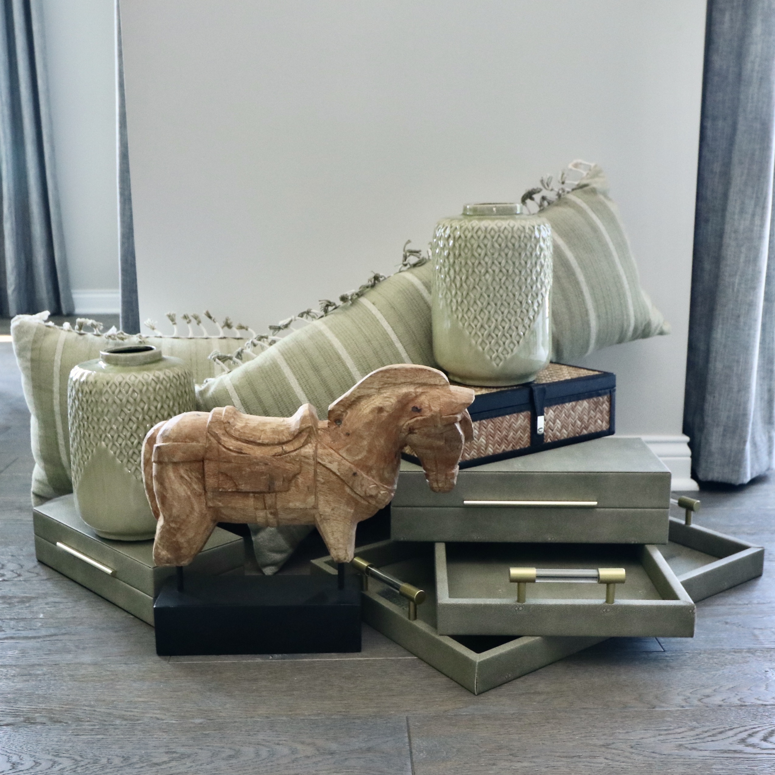 Trojan Wood Horse on Plinth, Faux Shagreen Trays and Boxes, and Accent Pillows