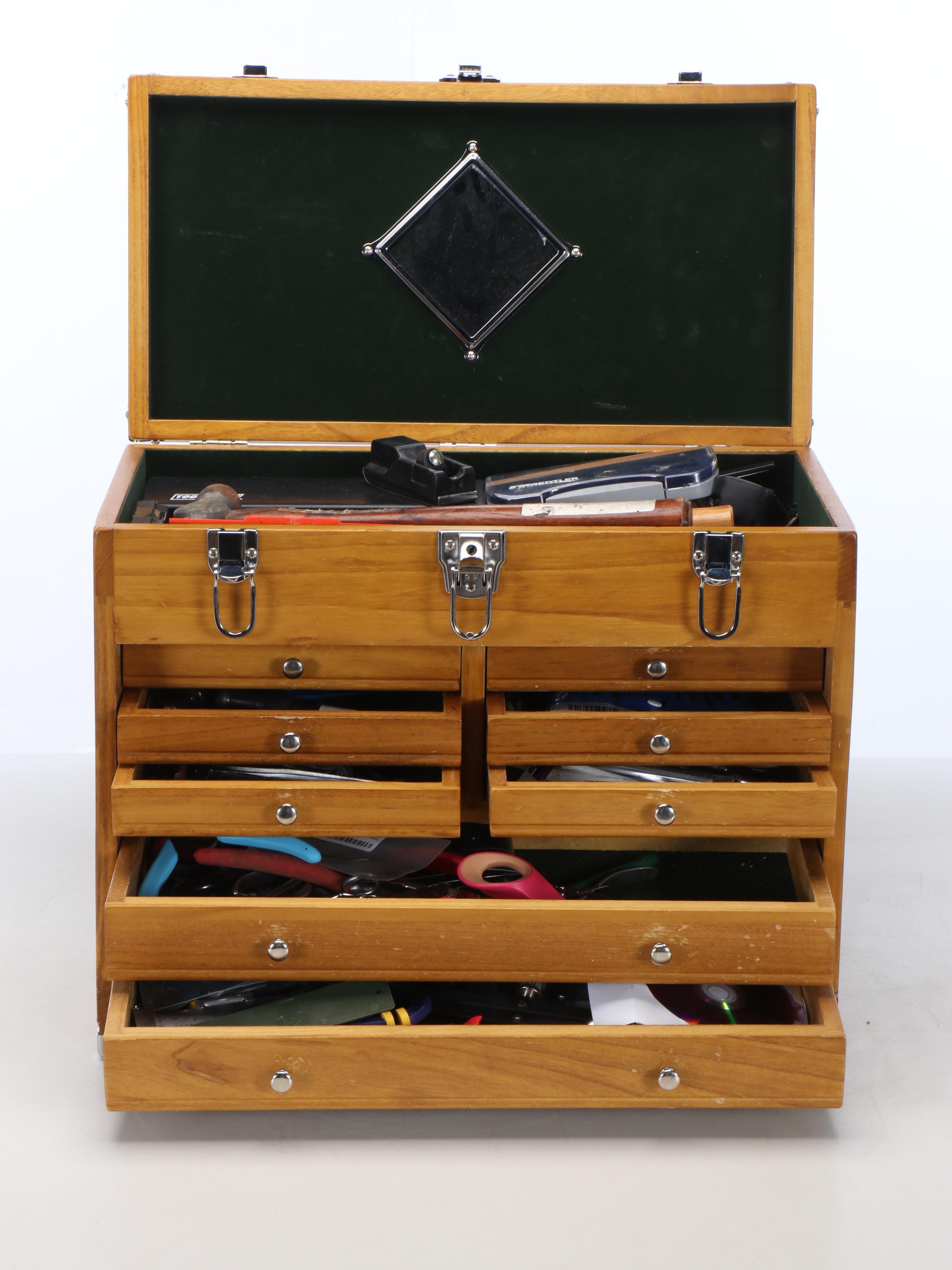 Windsor Design Eight-Drawer Oak Machinist's Chest with Assorted Hand Tools