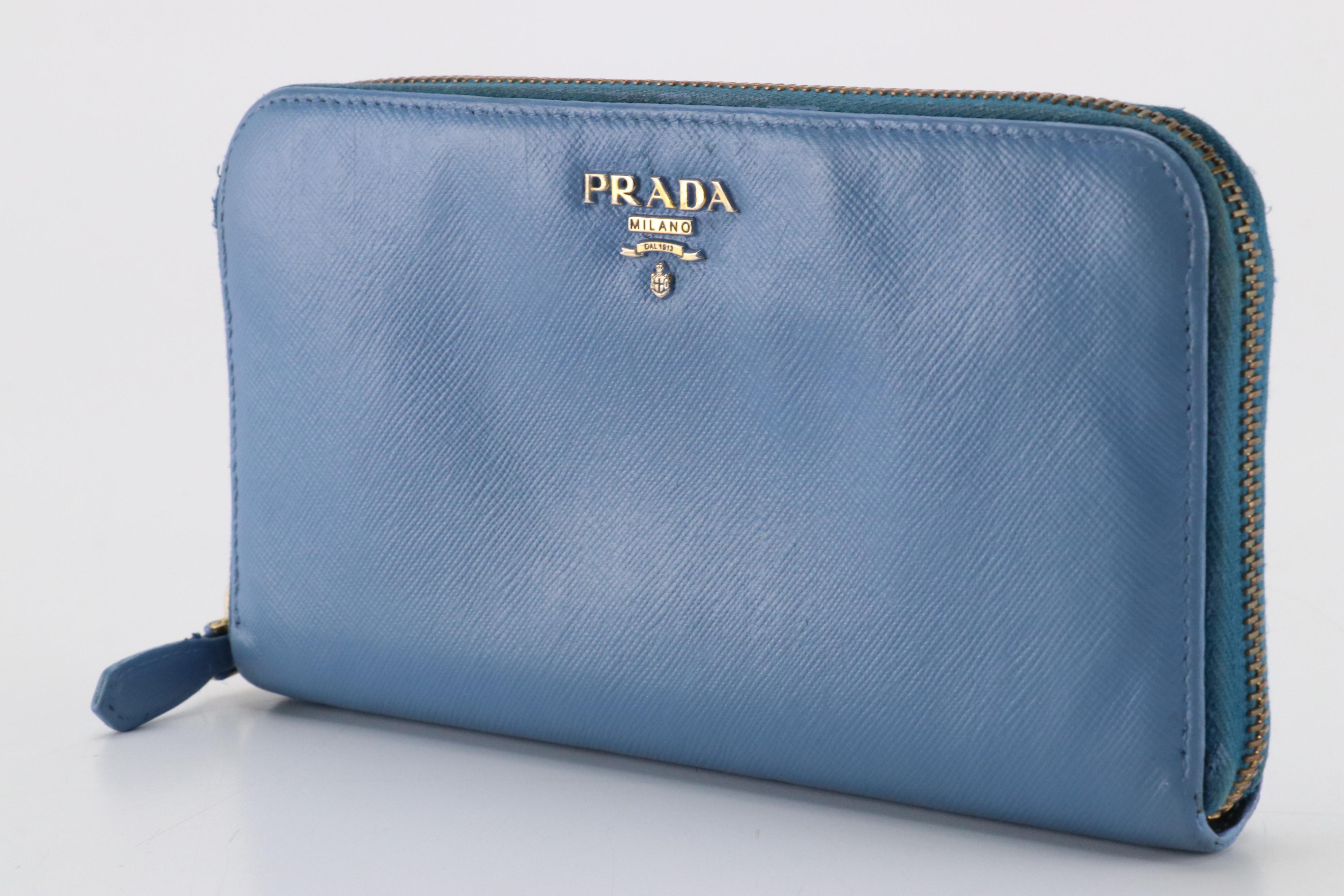 Prada Zip-Around Wallet in Blue Saffiano Leather