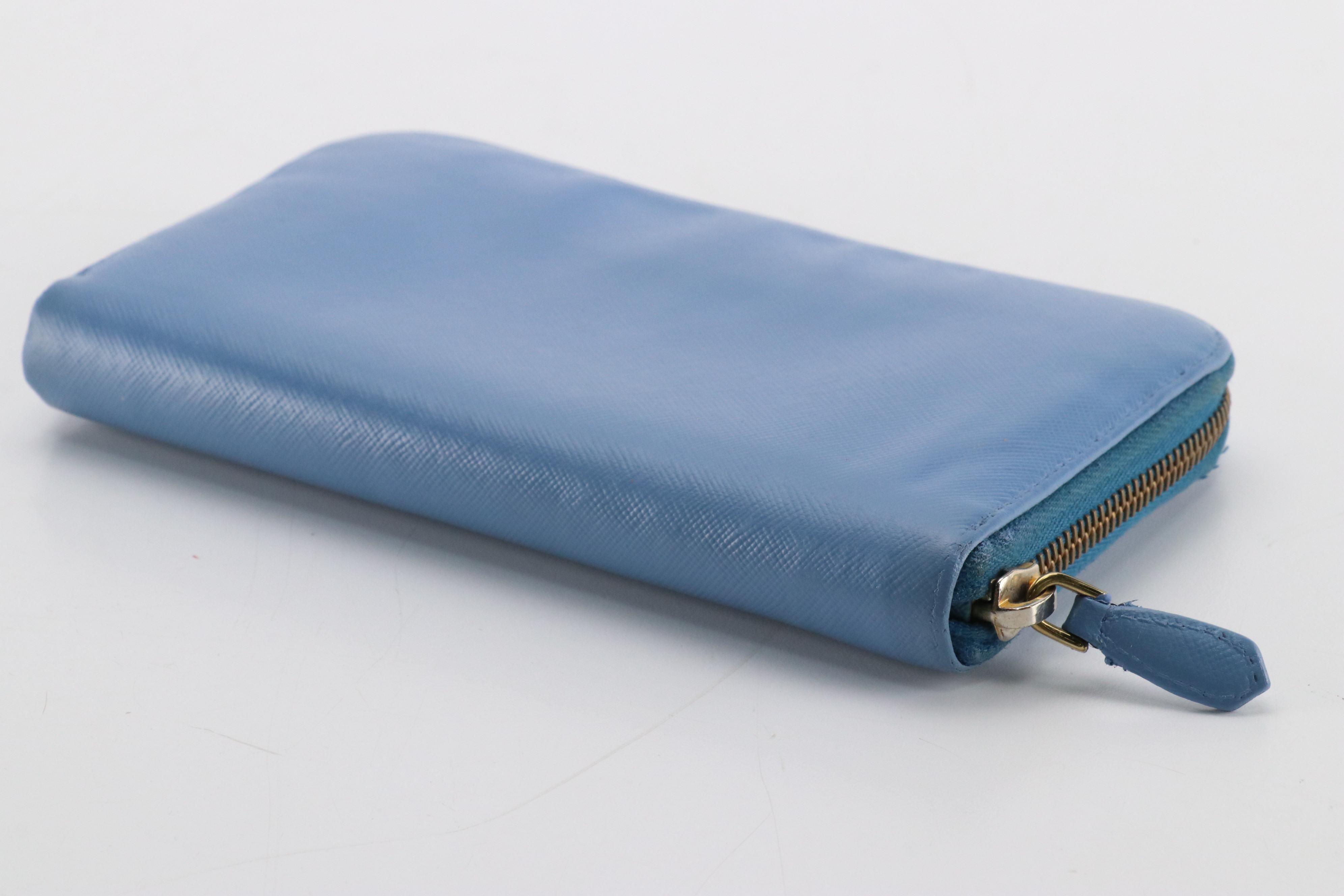 Prada Zip-Around Wallet in Blue Saffiano Leather