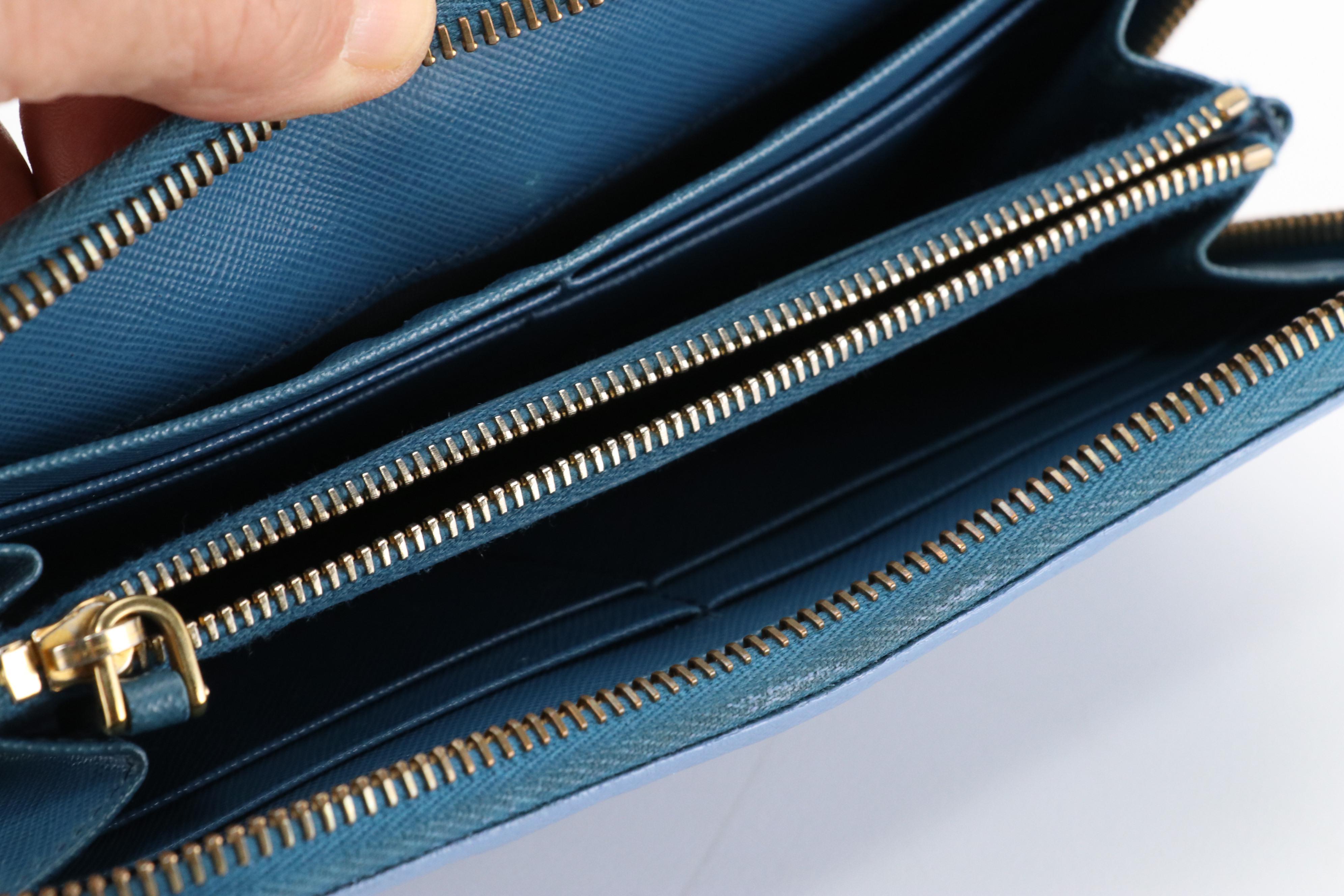 Prada Zip-Around Wallet in Blue Saffiano Leather