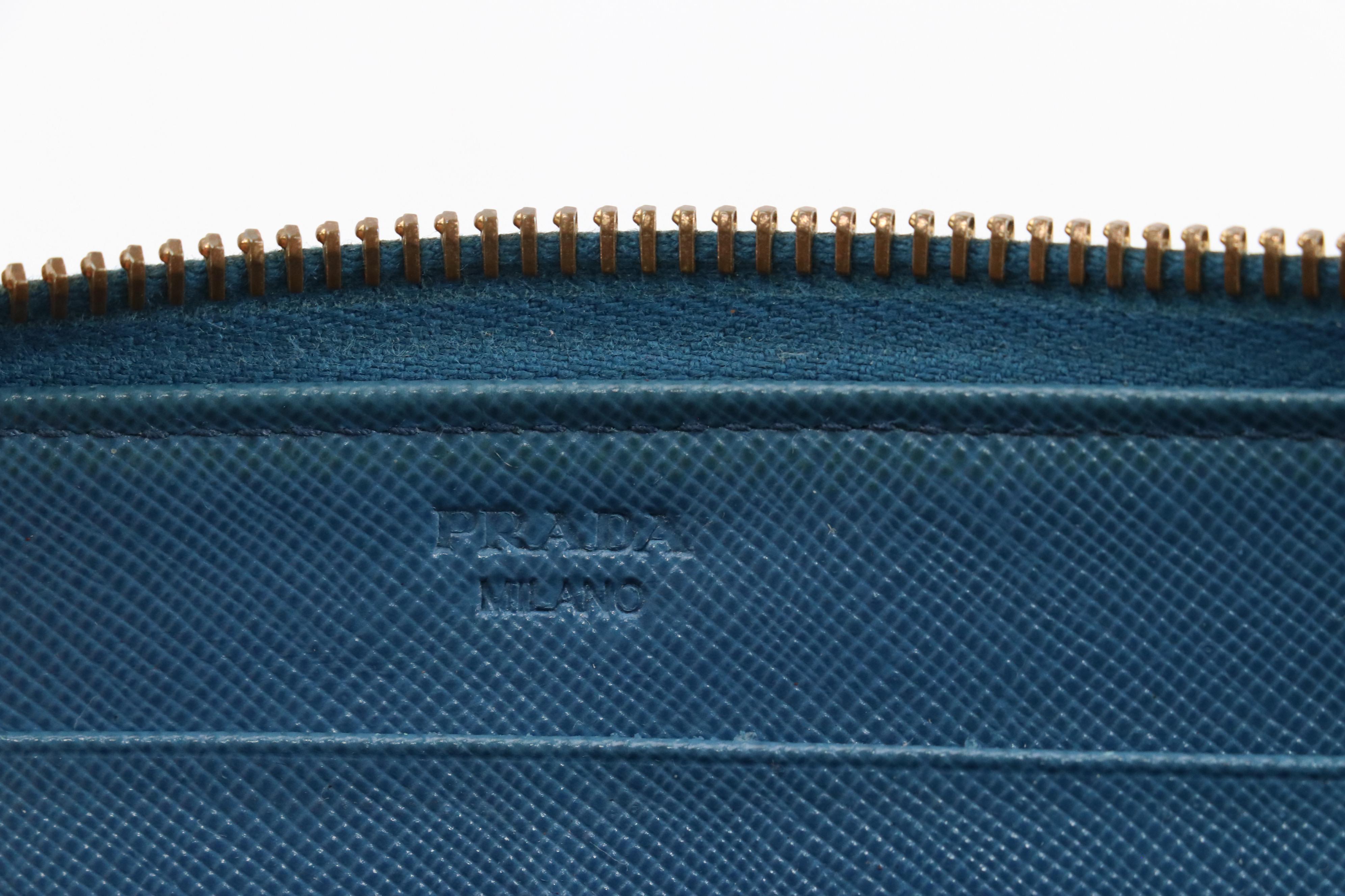 Prada Zip-Around Wallet in Blue Saffiano Leather