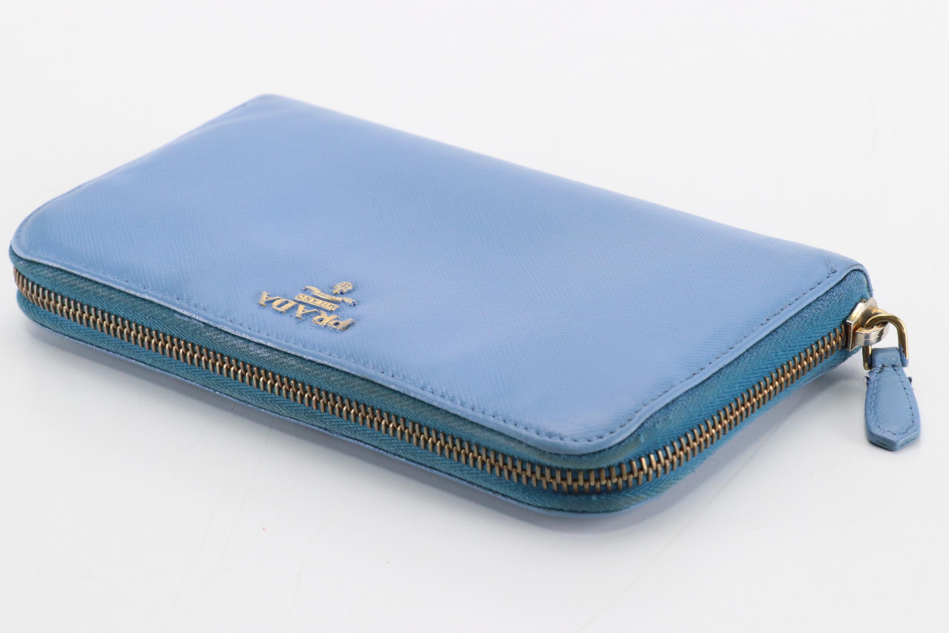 Prada Zip-Around Wallet in Blue Saffiano Leather