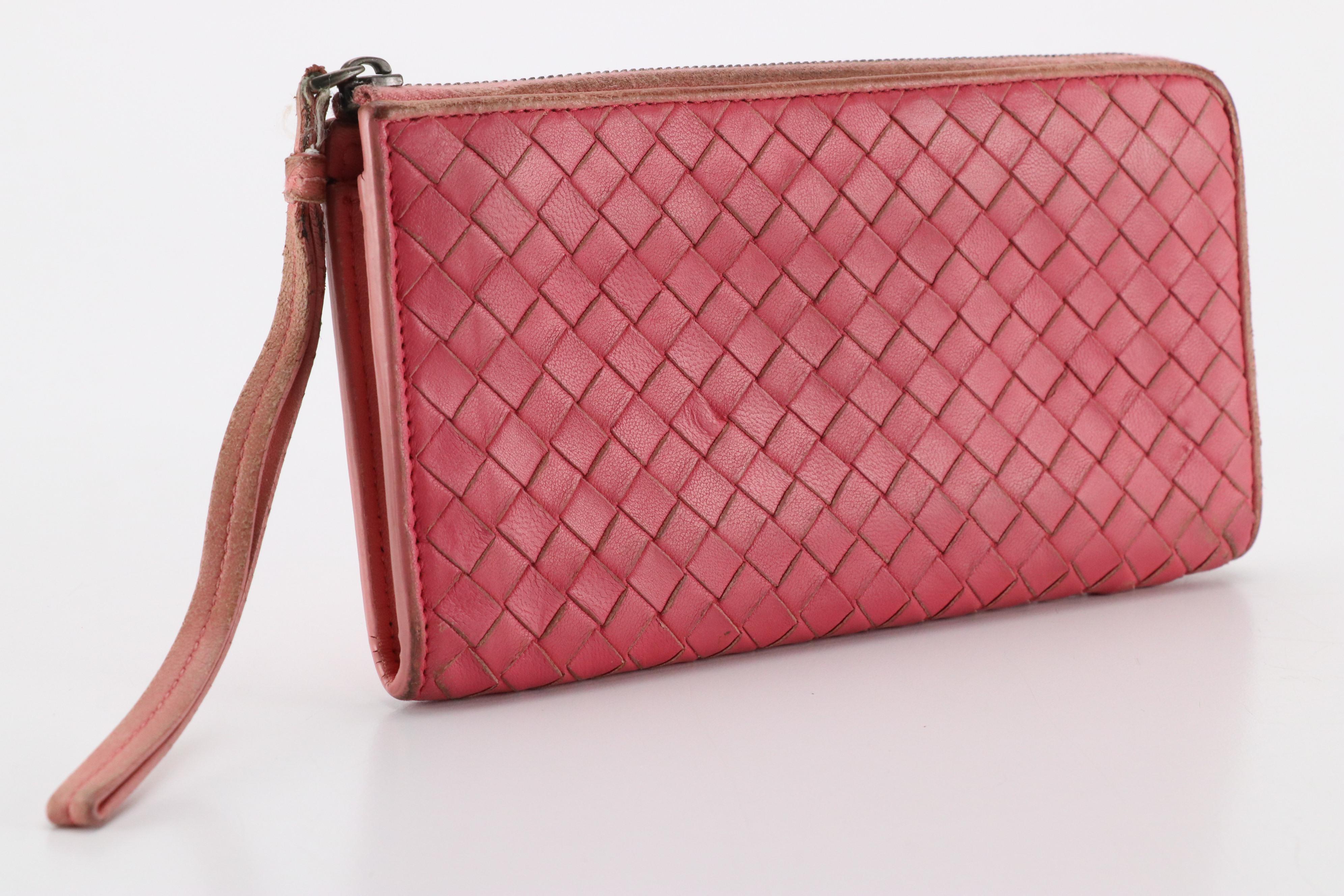 Bottega Veneta Zip-Around Wristlet Wallet in Pink Intrecciato Lambskin Leather