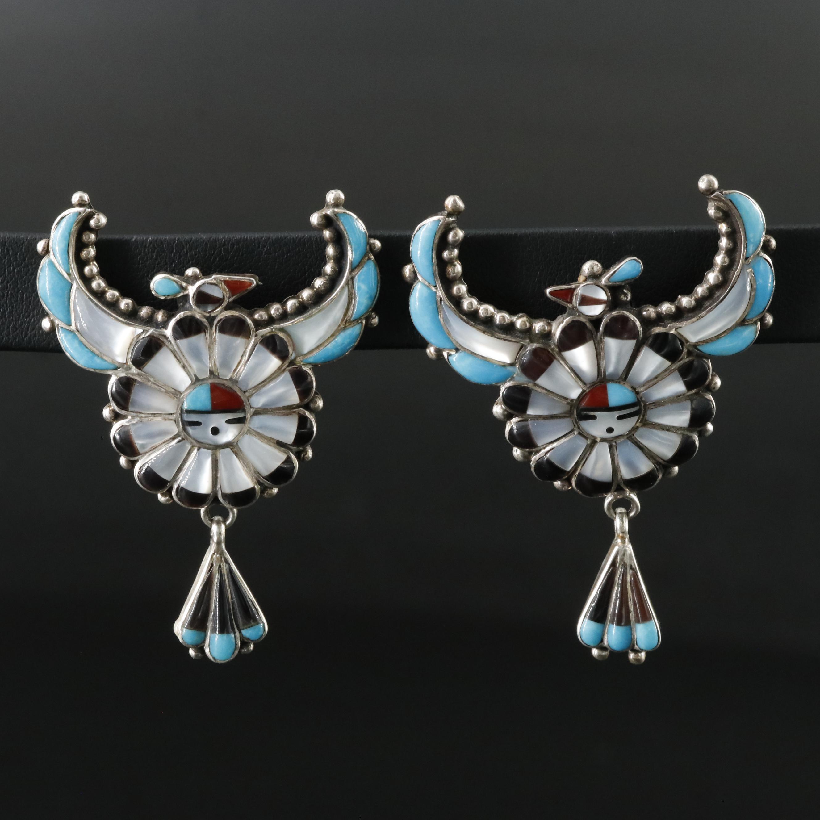 Southwestern Sterling Turquoise and Gemstone Thunderbird and Sunface Earrings