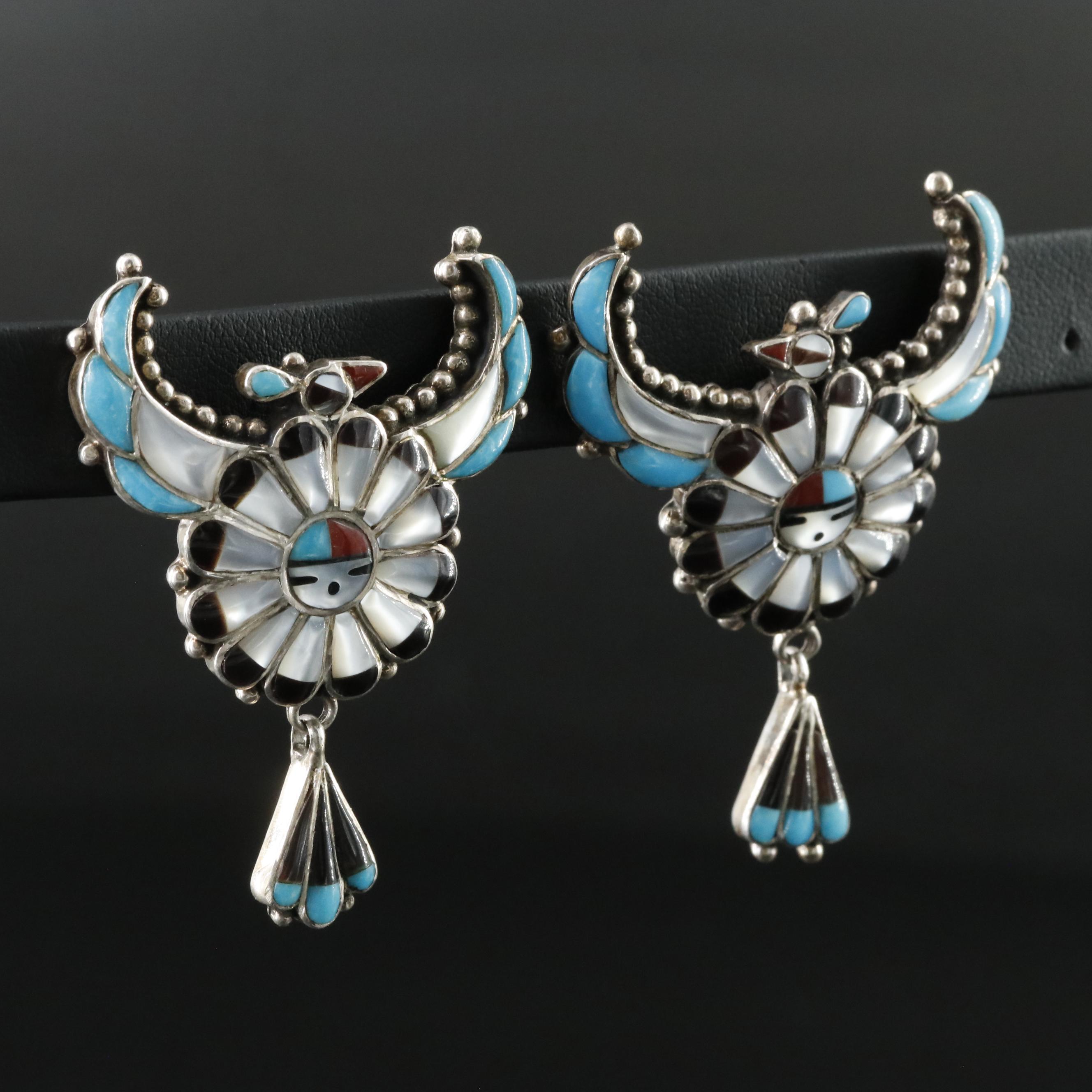 Southwestern Sterling Turquoise and Gemstone Thunderbird and Sunface Earrings