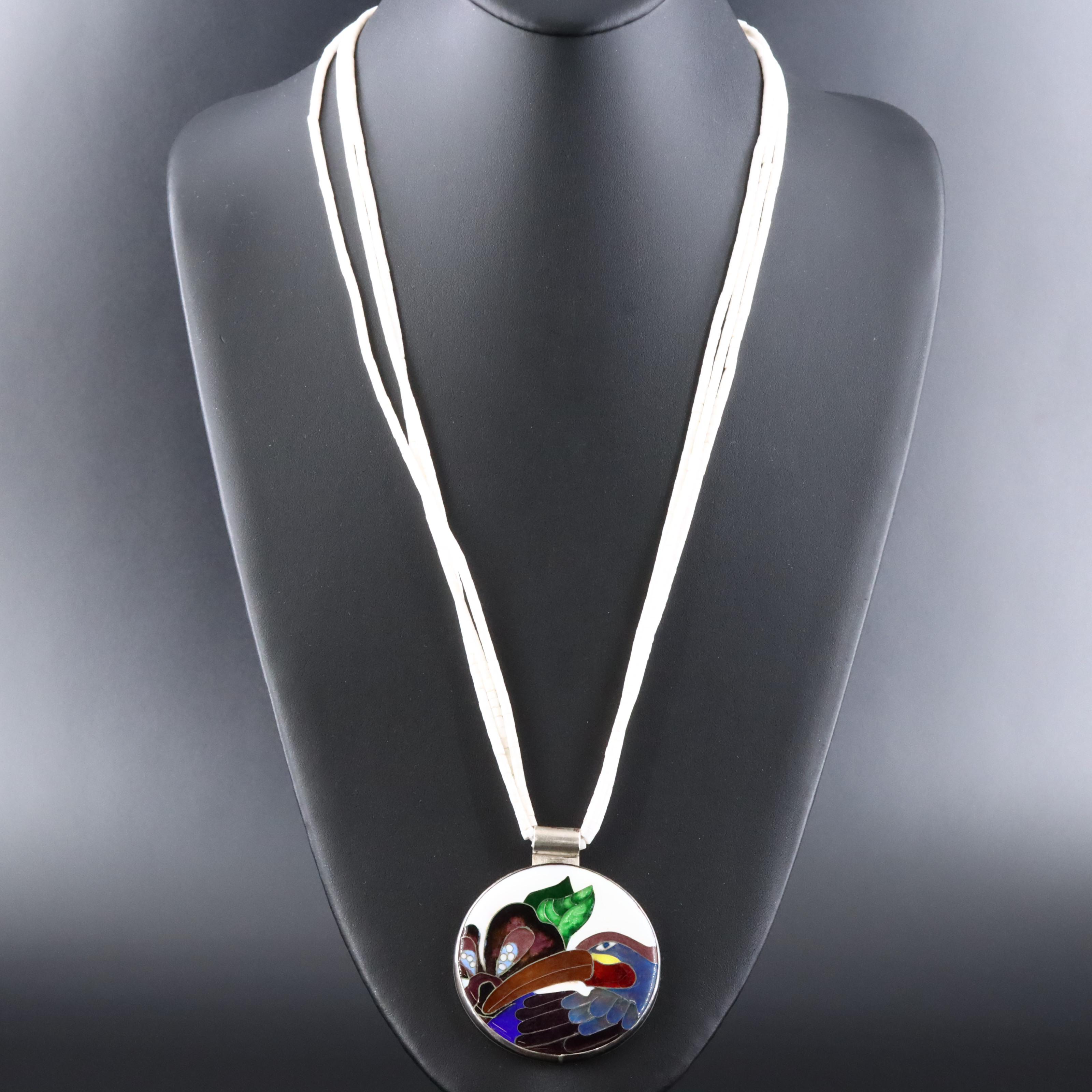 Sterling Shell and Enamel Pendant Necklace