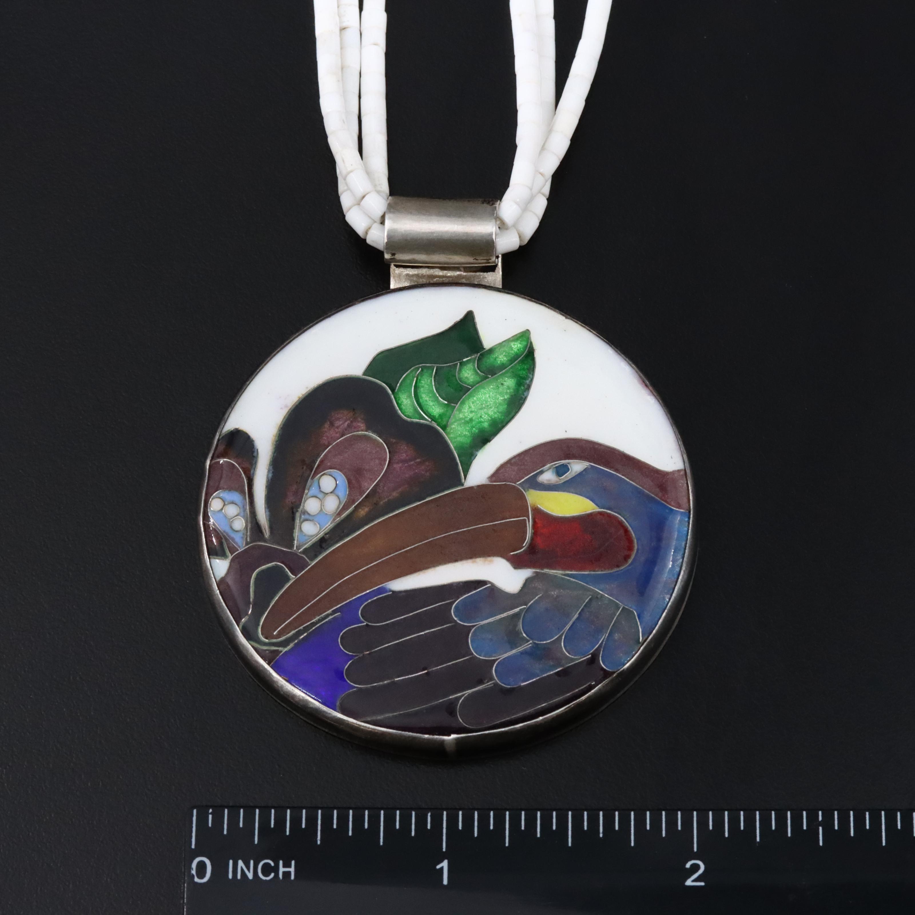 Sterling Shell and Enamel Pendant Necklace