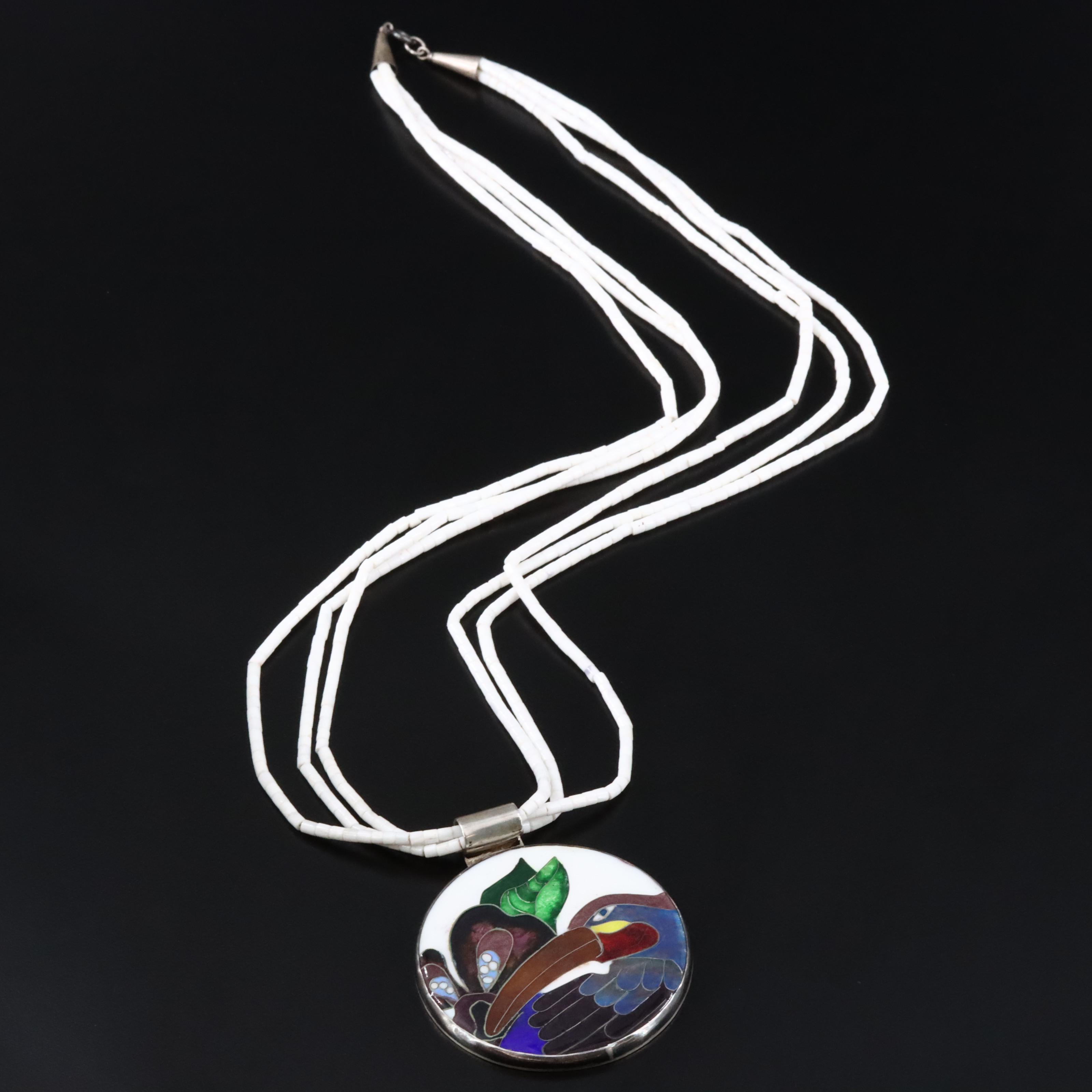 Sterling Shell and Enamel Pendant Necklace