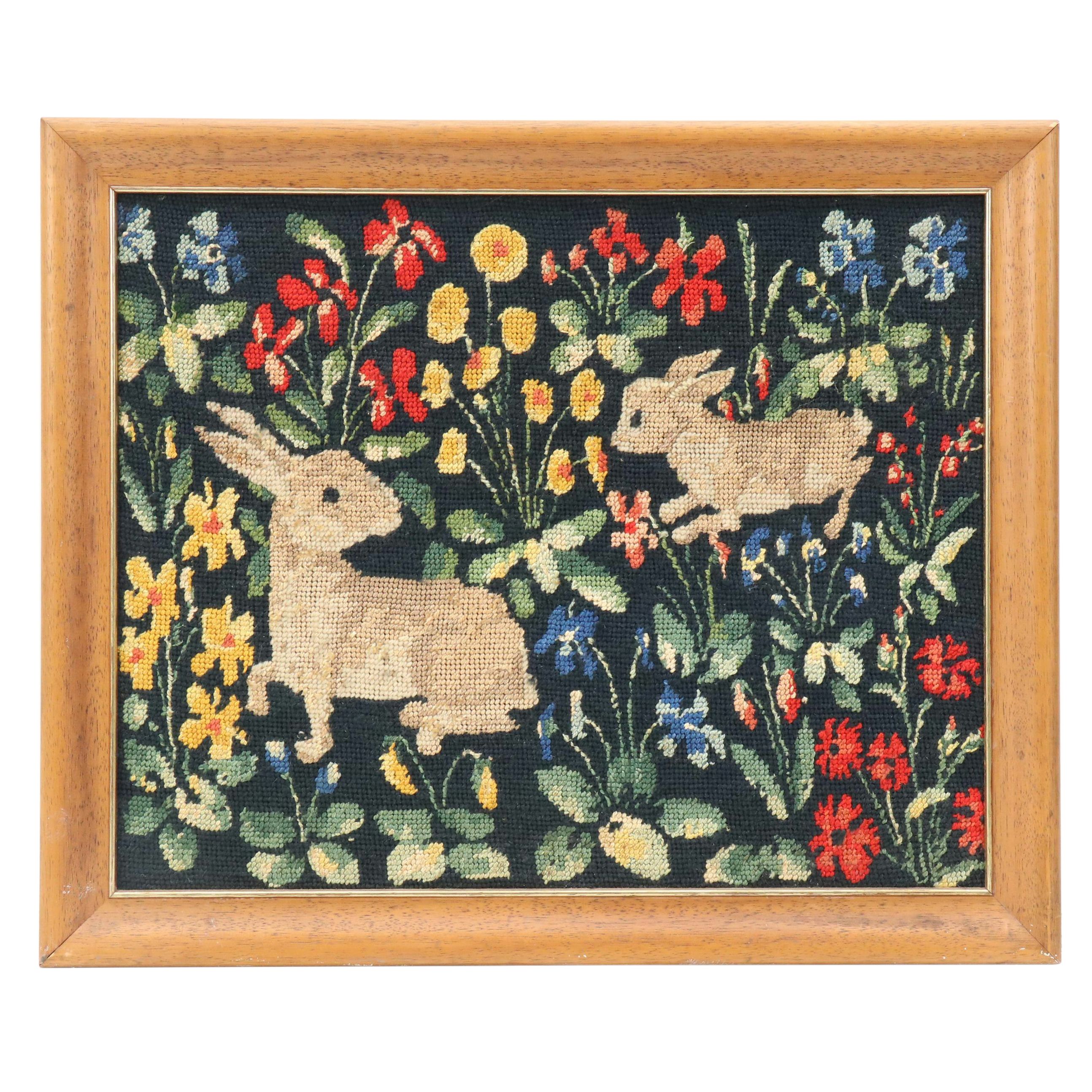 Needlepoint of Rabbits in Millefleur After Cluny Renaissance Tapestries
