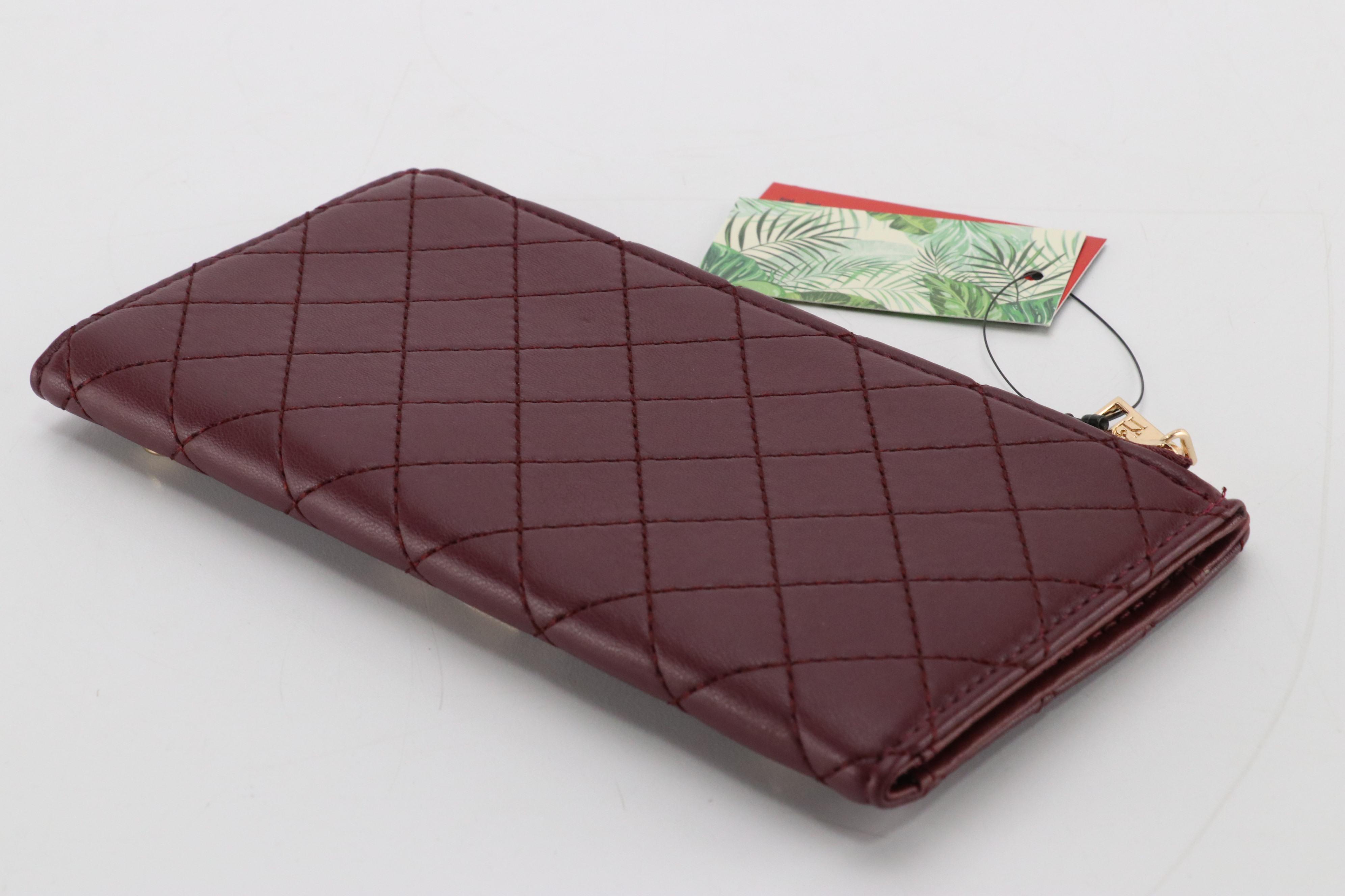 Badgley Mischka Long Card Wallet in Burgundy Quilted Vegan Leather with Tags