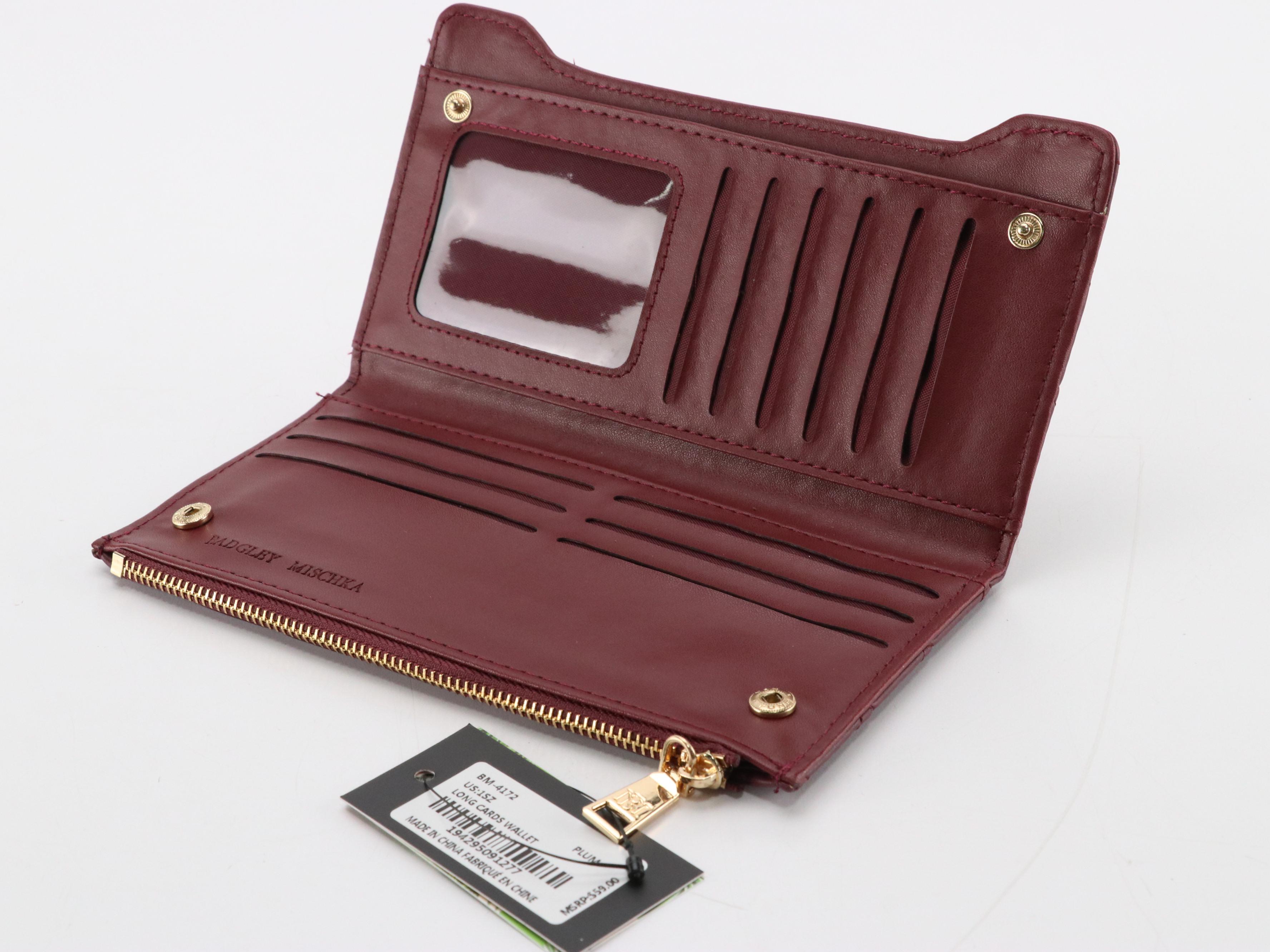 Badgley Mischka Long Card Wallet in Burgundy Quilted Vegan Leather with Tags