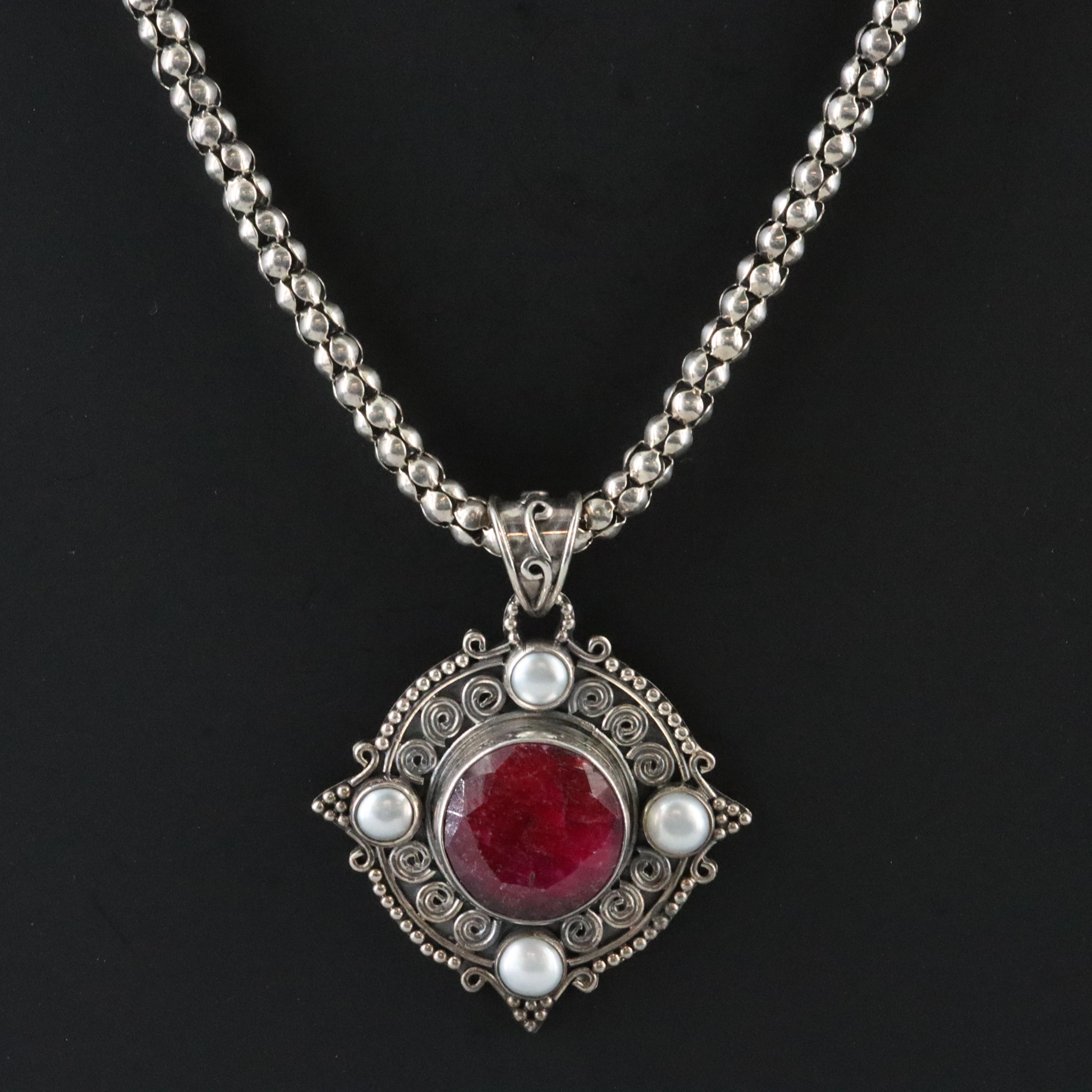 Sterling Filled Corundum and Pearl Pendant Necklace
