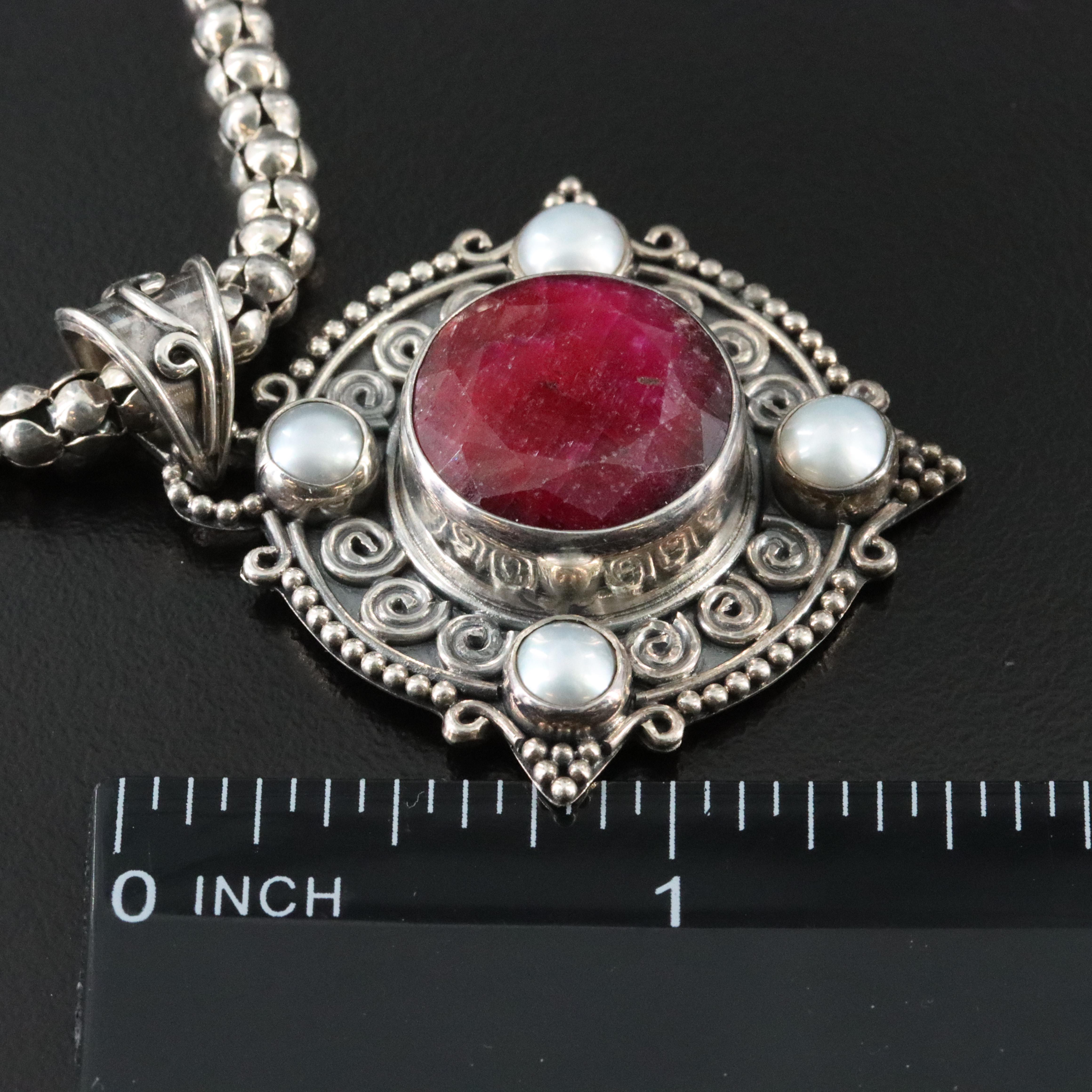 Sterling Filled Corundum and Pearl Pendant Necklace